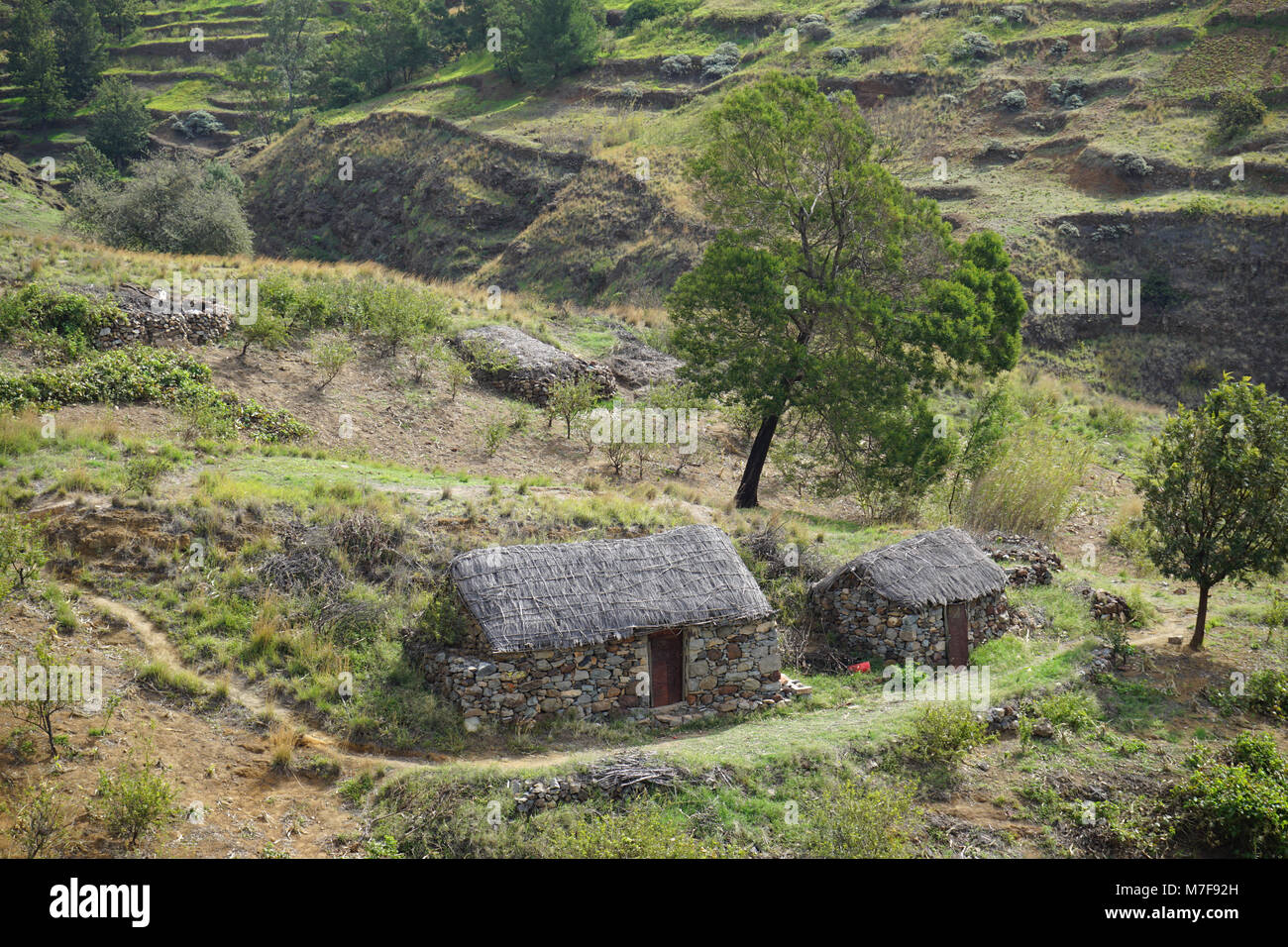 Paysage avec de petites maisons traditionnelles à proximité de Lombo de Figueira, Santo Antao, Cap Vert Banque D'Images