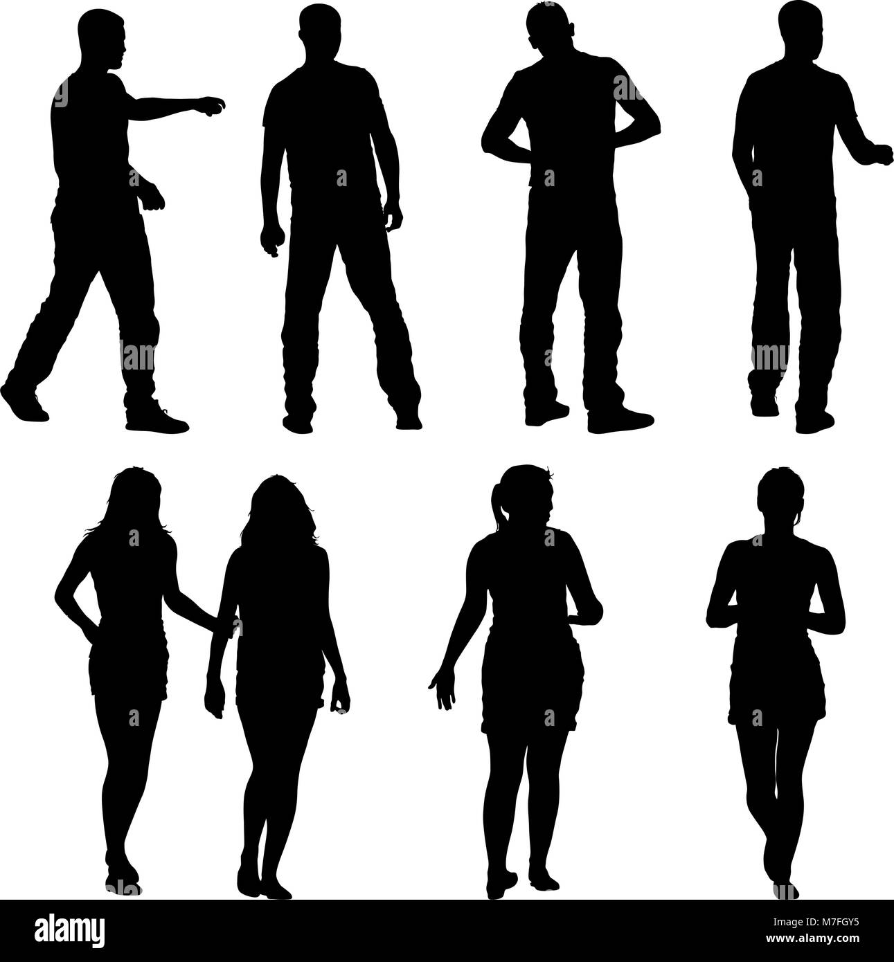 Silhouette noire groupe de personnes debout dans diverses poses Illustration de Vecteur