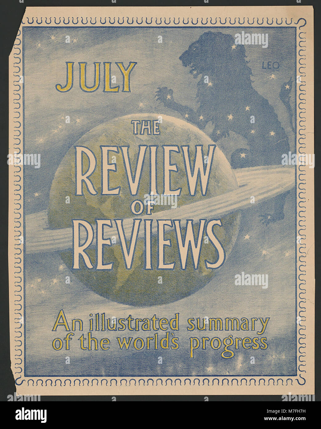 Cette image montre un résumé illustré du progrès mondial présenté dans le magazine « The Review of Reviews », édition de juillet. Le magazine met en lumière les événements et les progrès mondiaux importants au cours de cette période. Banque D'Images