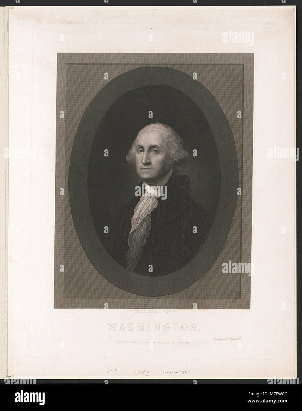 Ce portrait emblématique de George Washington a été peint par Gilbert Stuart, avec des gravures de H.B. Hall et G.E. Perine. L'image illustre le leadership et l'héritage de Washington en tant que premier président des États-Unis. Banque D'Images