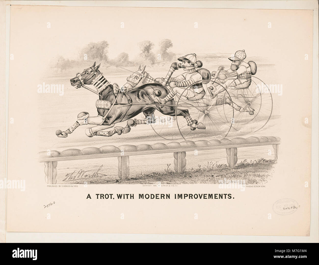 Cette image représente un trot avec des améliorations modernes, montrant probablement des progrès dans l'équipement ou les techniques équestres. La scène reflète les changements modernes dans le sport du trot. Banque D'Images