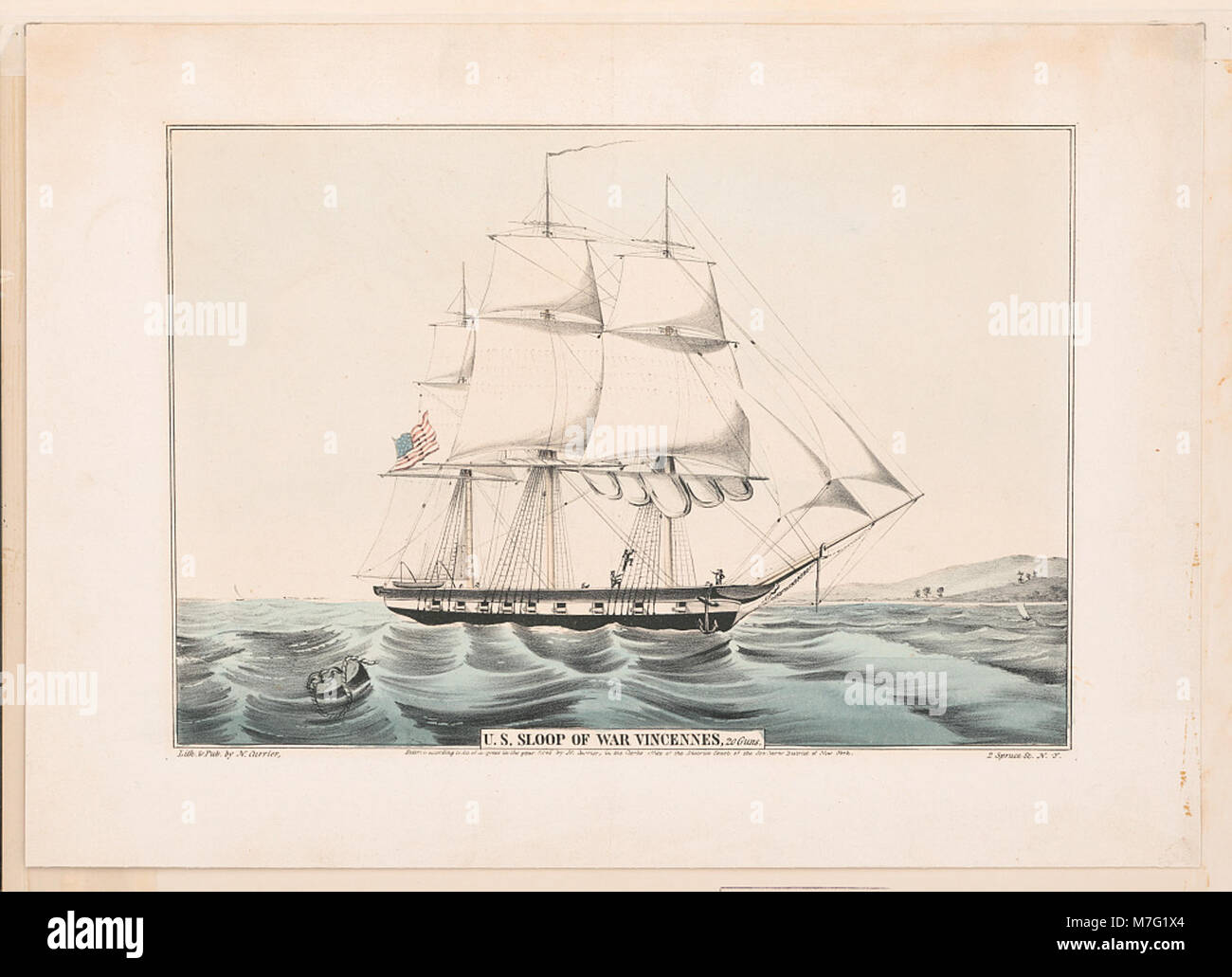 Une image historique du sloop de guerre américain Vincennes, un navire de guerre de 20 canons qui a servi dans la marine américaine au début du XIXe siècle. La photographie représente le navire en pleine voile, montrant sa conception navale et son histoire militaire. Banque D'Images