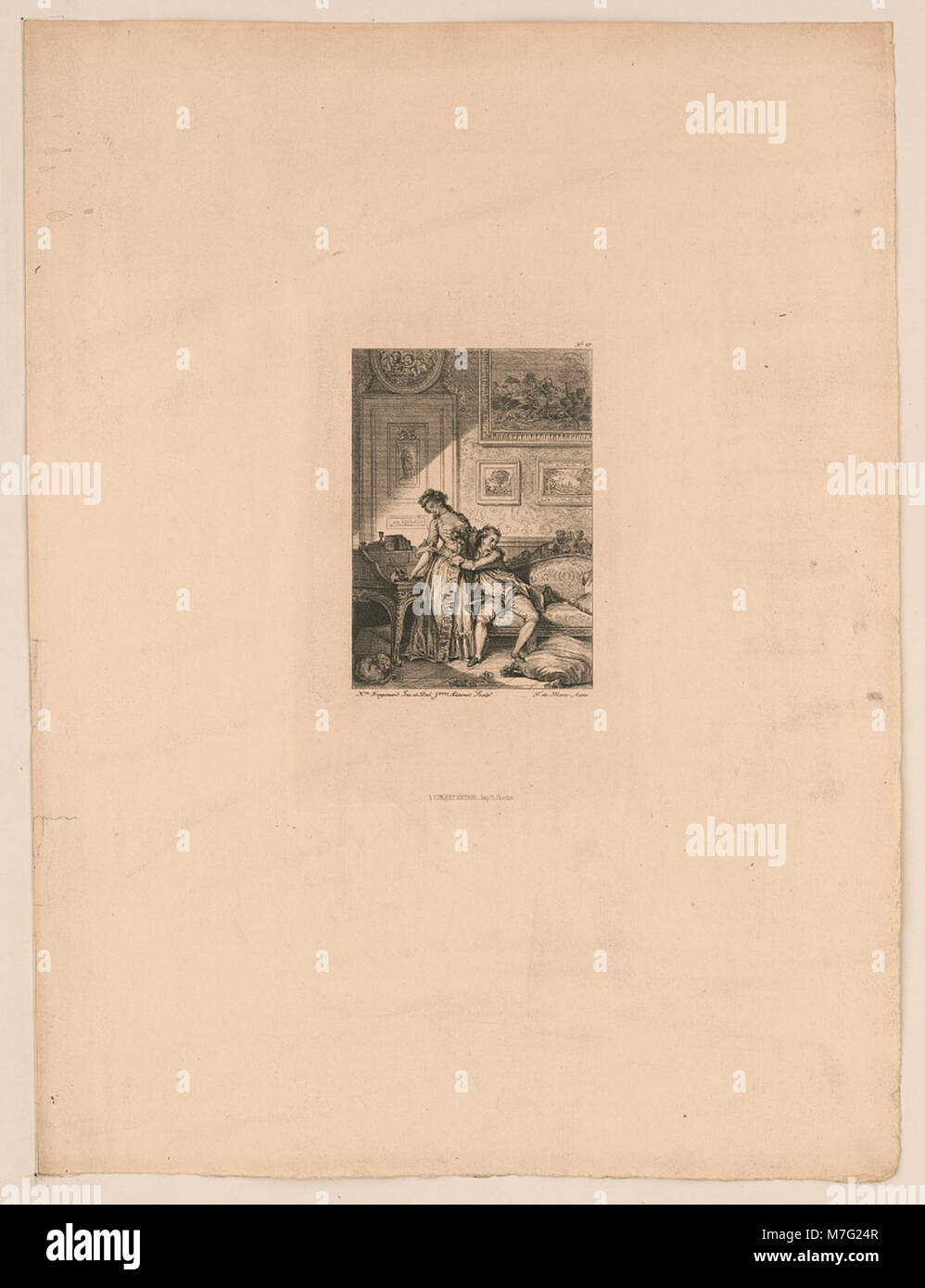 Reproduction d'un tableau de Jean-Honoré Fragonard, représentant deux amants dans un salon, reflétant le romantisme et l'intimité typiques des Français du XVIIIe siècle Banque D'Images