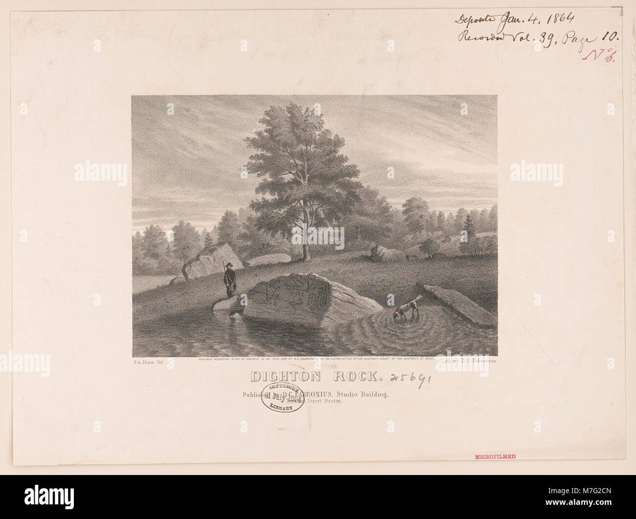 Une image de Dighton Rock, un site pétroglyphe historique dans le Massachusetts, représentant des sculptures amérindiennes et offrant un aperçu de la période pré-coloniale Banque D'Images