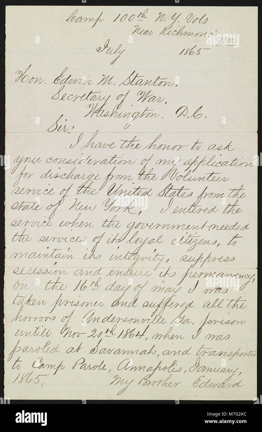 Lettre de Cornelius C. Moore au secrétaire à la guerre Edwin M. Stanton pour demander la décharge RCAC2012648286 Banque D'Images