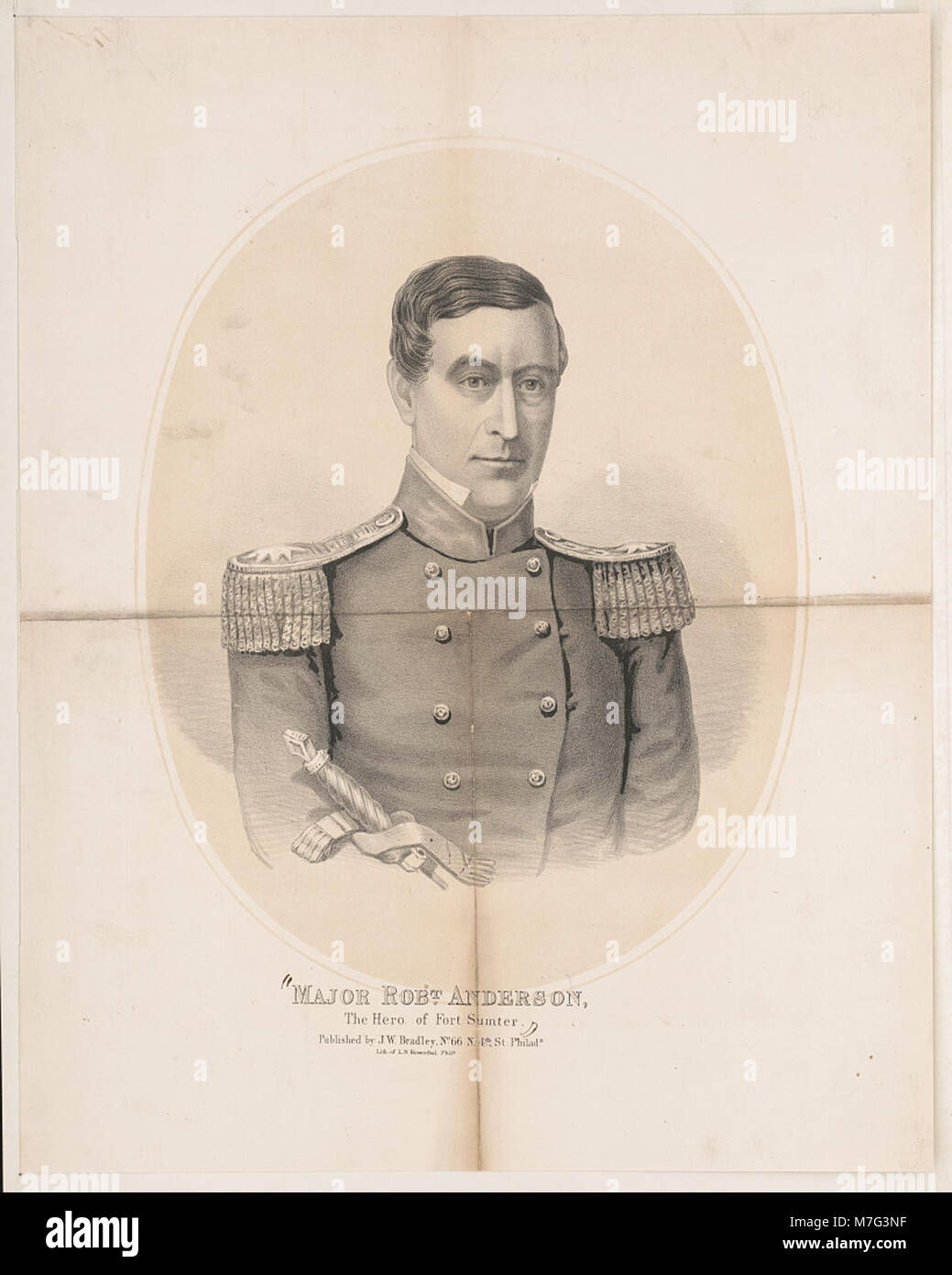 Une lithographie représentant le major Robert Anderson, l'officier de l'Union célèbre associé au fort Sumter au déclenchement de la guerre de Sécession, commémorant son rôle dans la défense du fort contre les forces confédérées. Banque D'Images