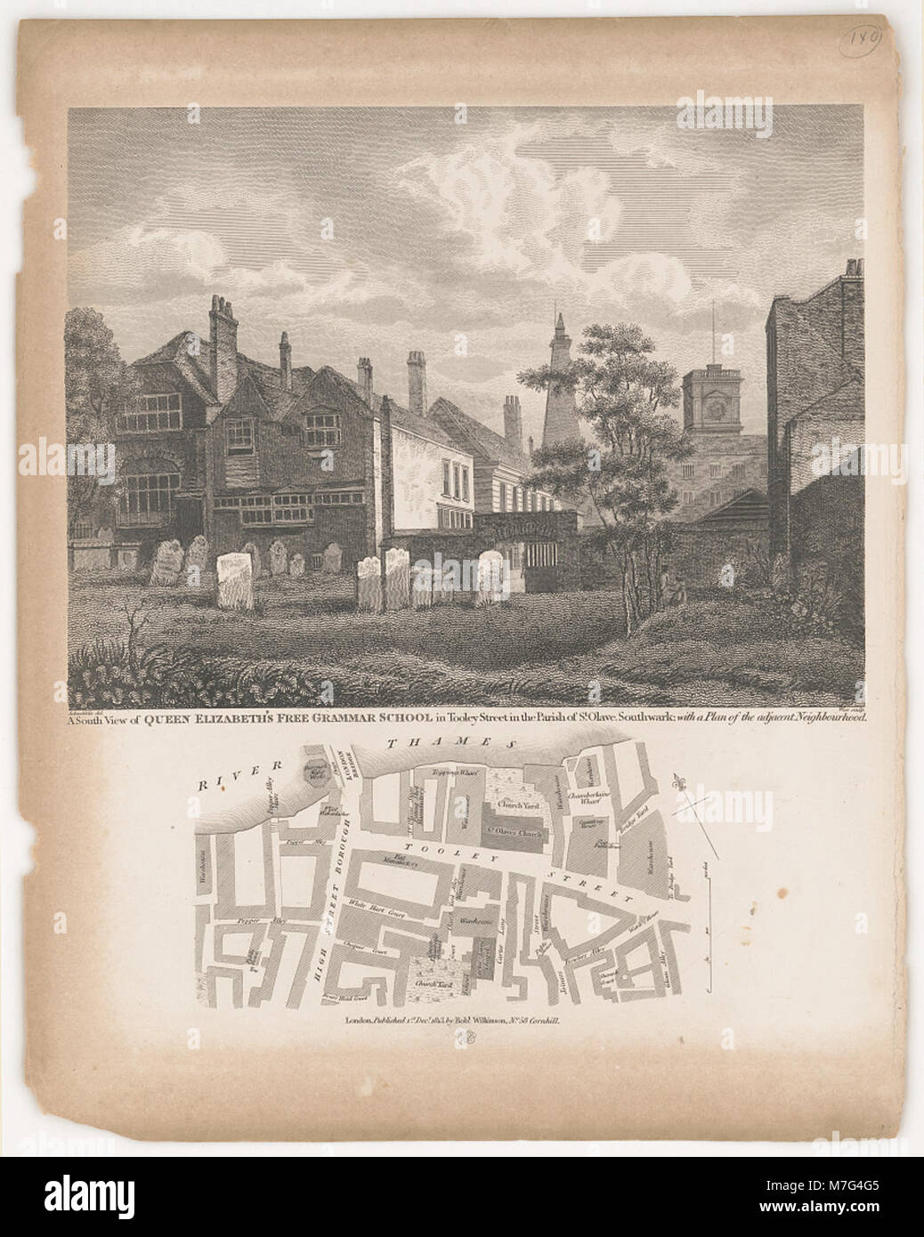 Cette photographie montre une vue du sud de la Queen Elizabeth's Free Grammar School, située dans Tooley Street, paroisse d'Olave. Il représente une importante institution éducative à Londres, fondée au XVIe siècle. Banque D'Images