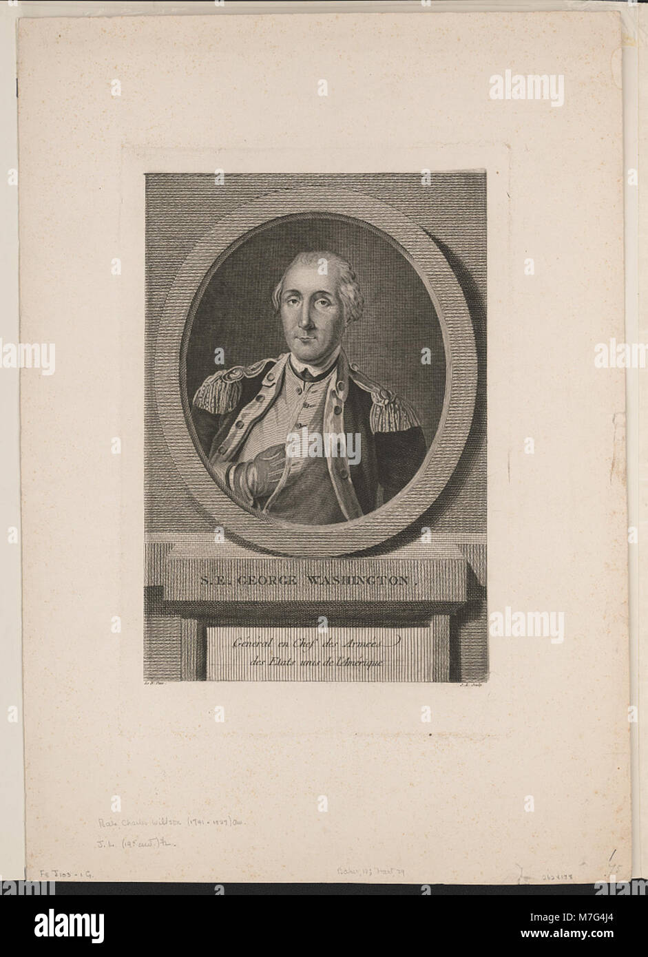 Un portrait du général George Washington, représenté dans une gravure classique du XVIIIe siècle, soulignant son rôle en tant que commandant en chef de l'armée continentale pendant la guerre d'indépendance américaine. Banque D'Images