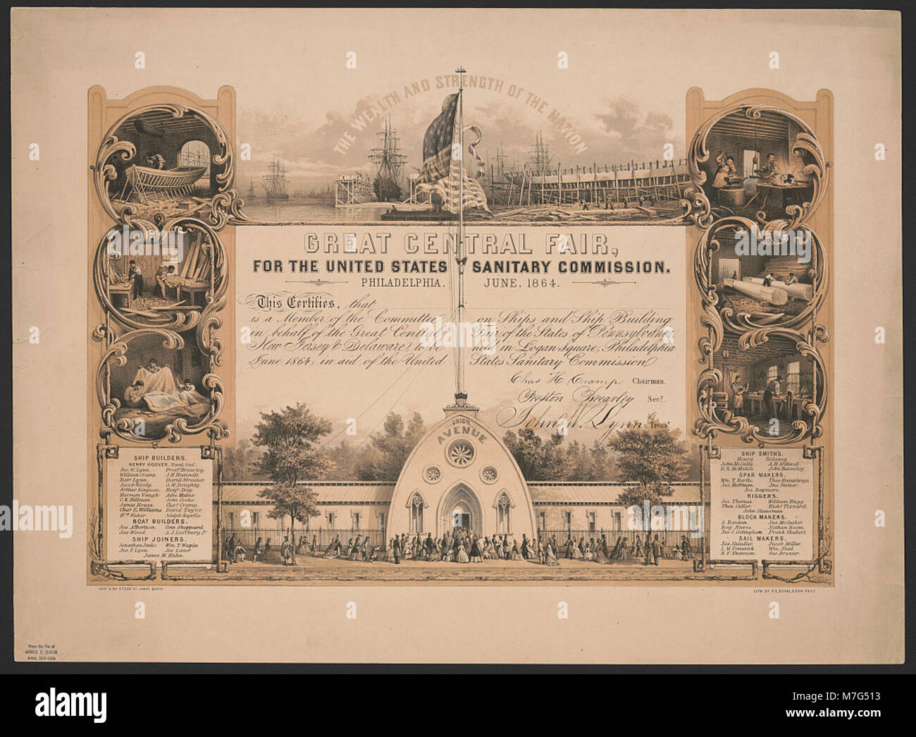 Cette lithographie de juin 1864 représente la Grande foire centrale de Philadelphie, organisée pour soutenir la Commission sanitaire des États-Unis pendant la guerre de Sécession. La foire visait à collecter des fonds pour les fournitures médicales des soldats. Banque D'Images