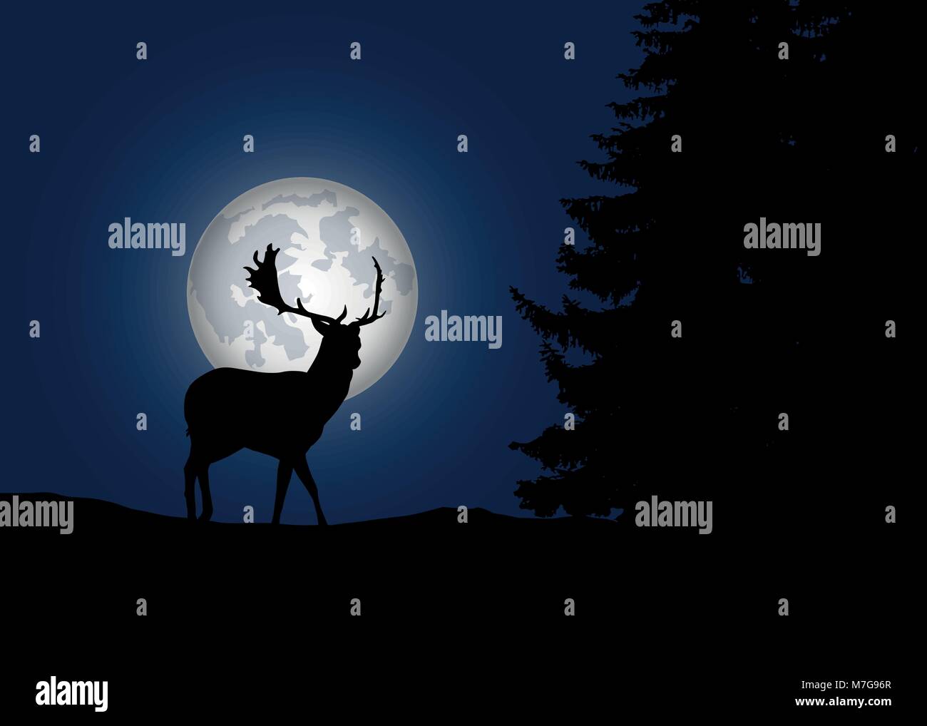 Chevreuil dans la forêt avec les conifères avec lune et fond de ciel bleu nuit - vector Illustration de Vecteur