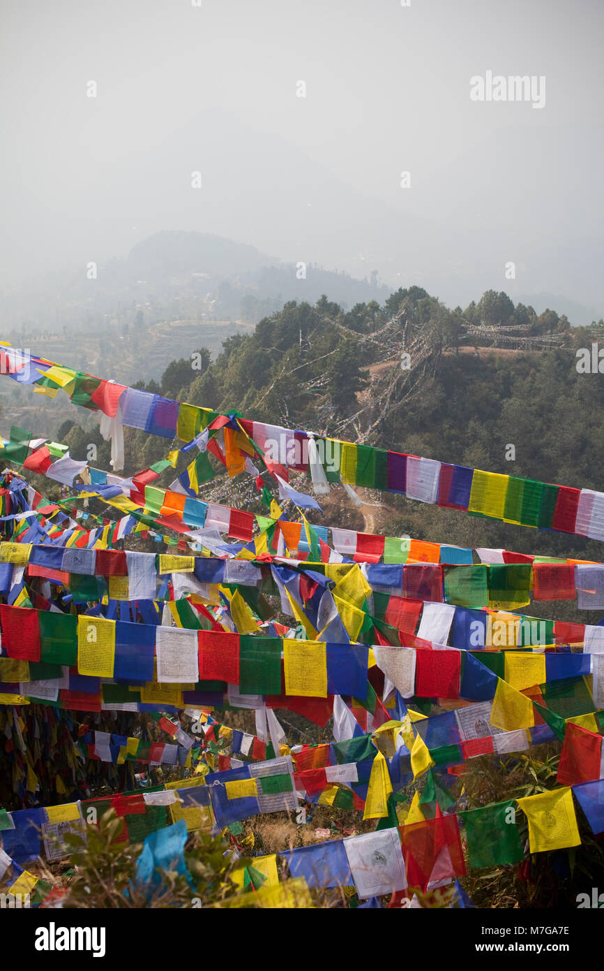 Les drapeaux de prières, Namobuddha, Vallée de Katmandou, Népal Banque D'Images