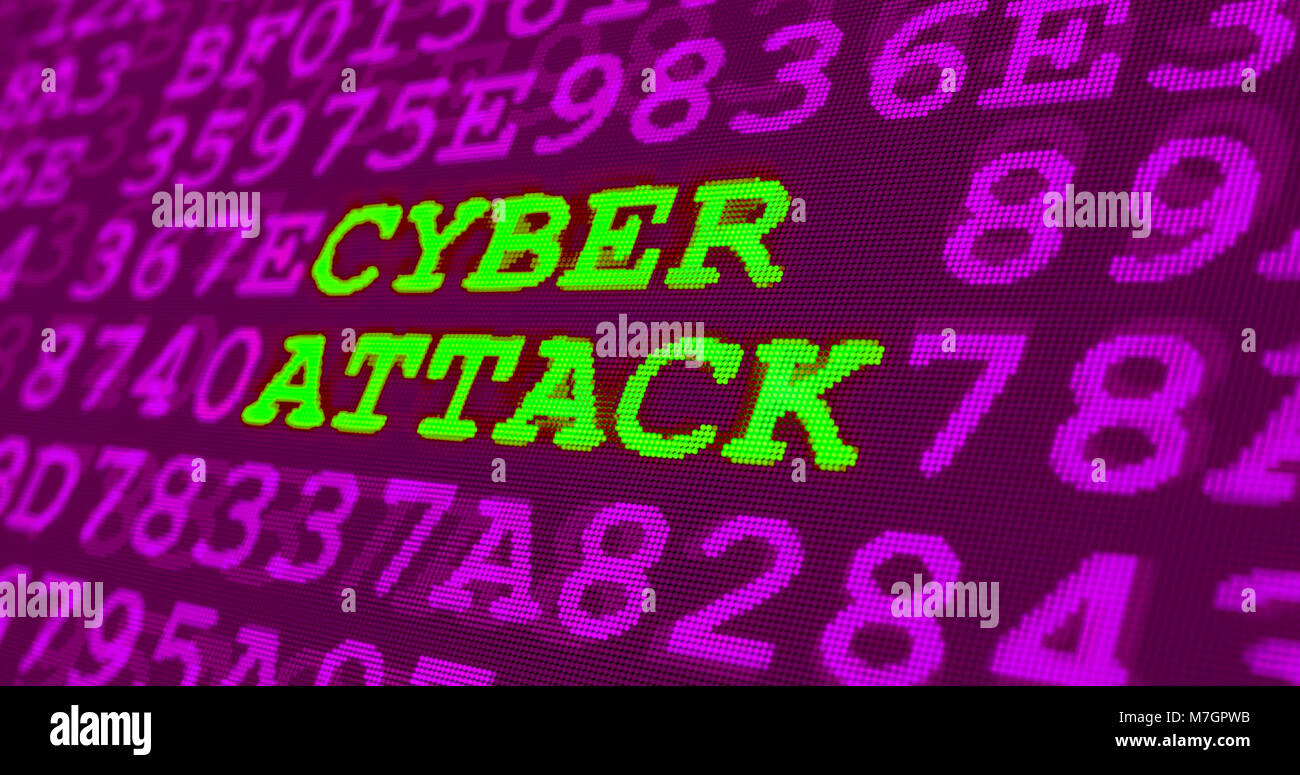 Les cyberattaques et les avertissements de sécurité informatique - cyber-attaque - vert les mots et les chiffres sur fond violet. La sécurité des données et la technologie numérique en Banque D'Images