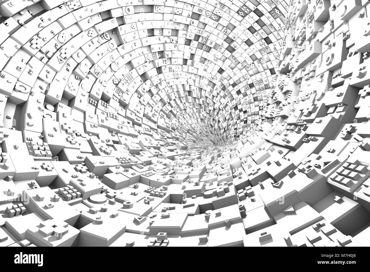 Carreaux multi-niveaux avec des formes géométriques, tordu dans une spirale et la création d'un entonnoir dans le centre. Résumé Contexte L'architecture moderne de la lumière. 3d Banque D'Images