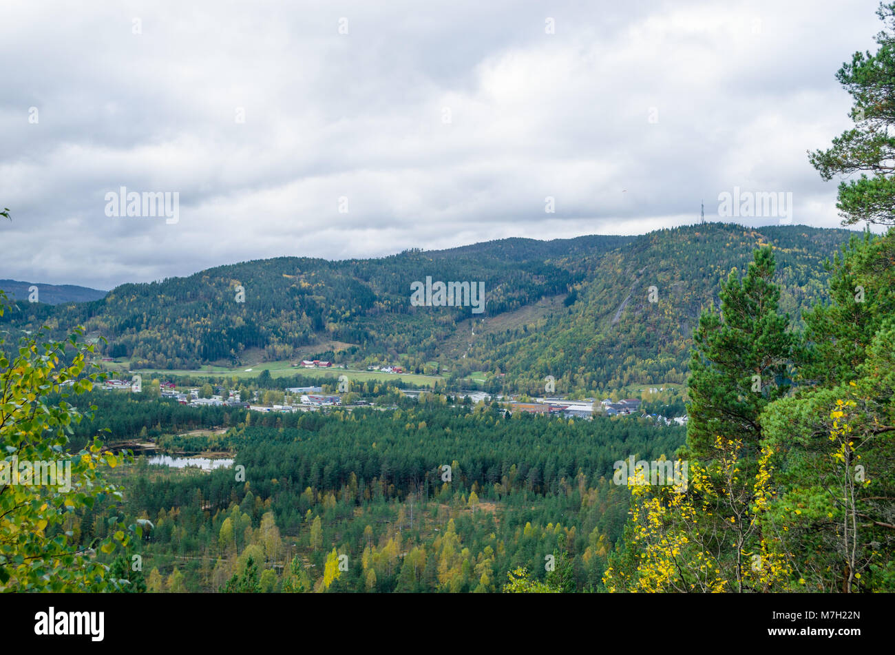 Vue panoramique sur la vallée de la rivière Otra à Evje, centre de la Norvège. Banque D'Images