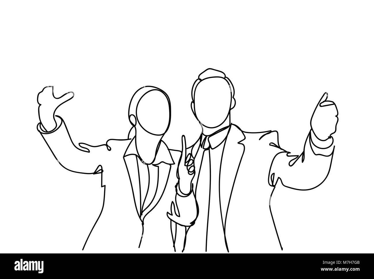 Silhouette Of Business Man and Woman Hand Gesturing parlant, Doodle Businessman pointer du doigt Discussion Réunion Illustration de Vecteur