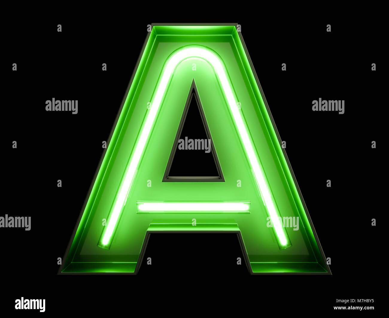 Feu vert au néon une police de caractères de l'alphabet. Tube neon glow lettres effet sur fond noir. Le rendu 3D Banque D'Images