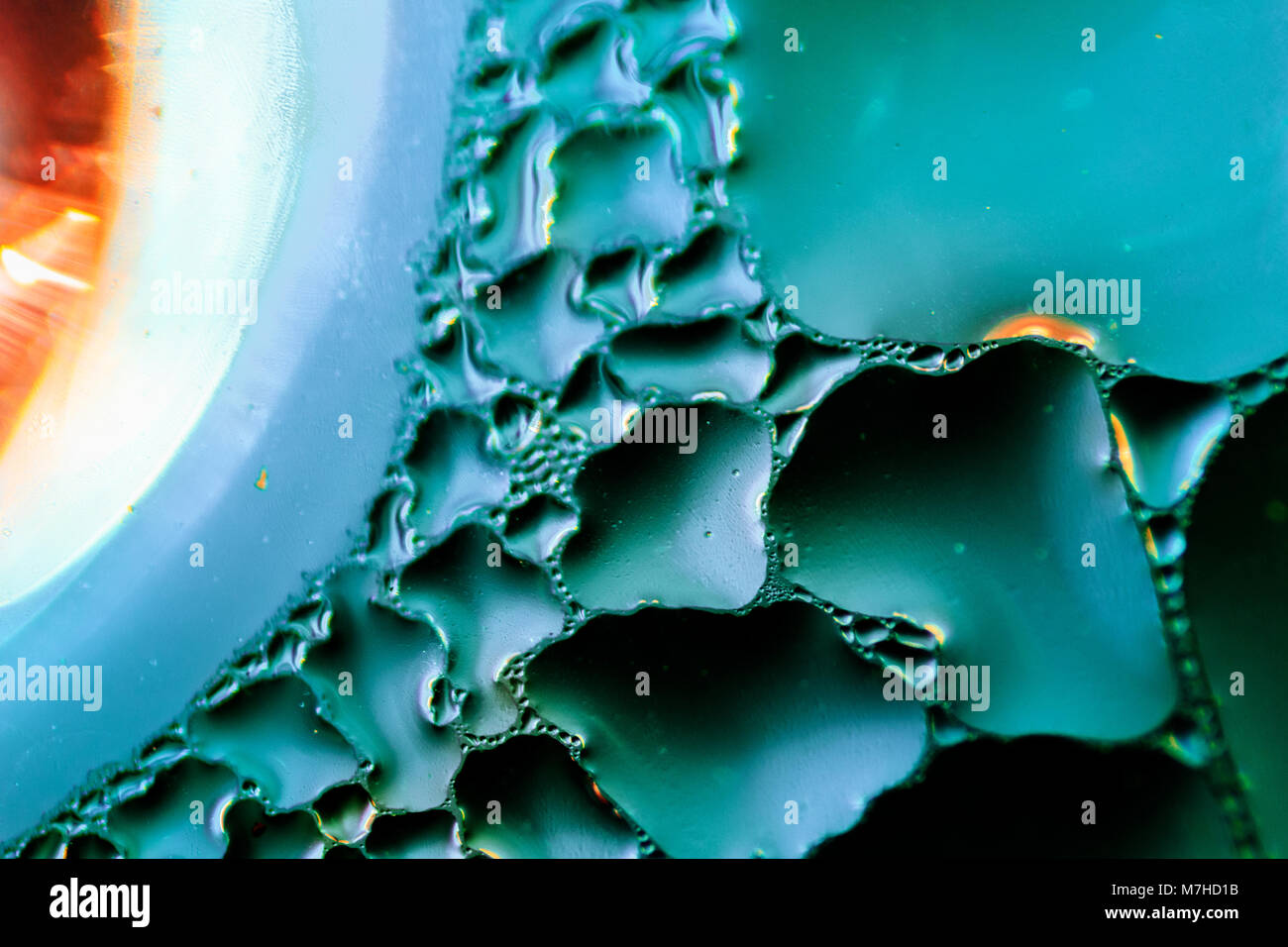 Shot microscopique d'une goutte d'eau de condensation, faite avec de l'eau colorée avec du colorant alimentaire bleu dye. Banque D'Images