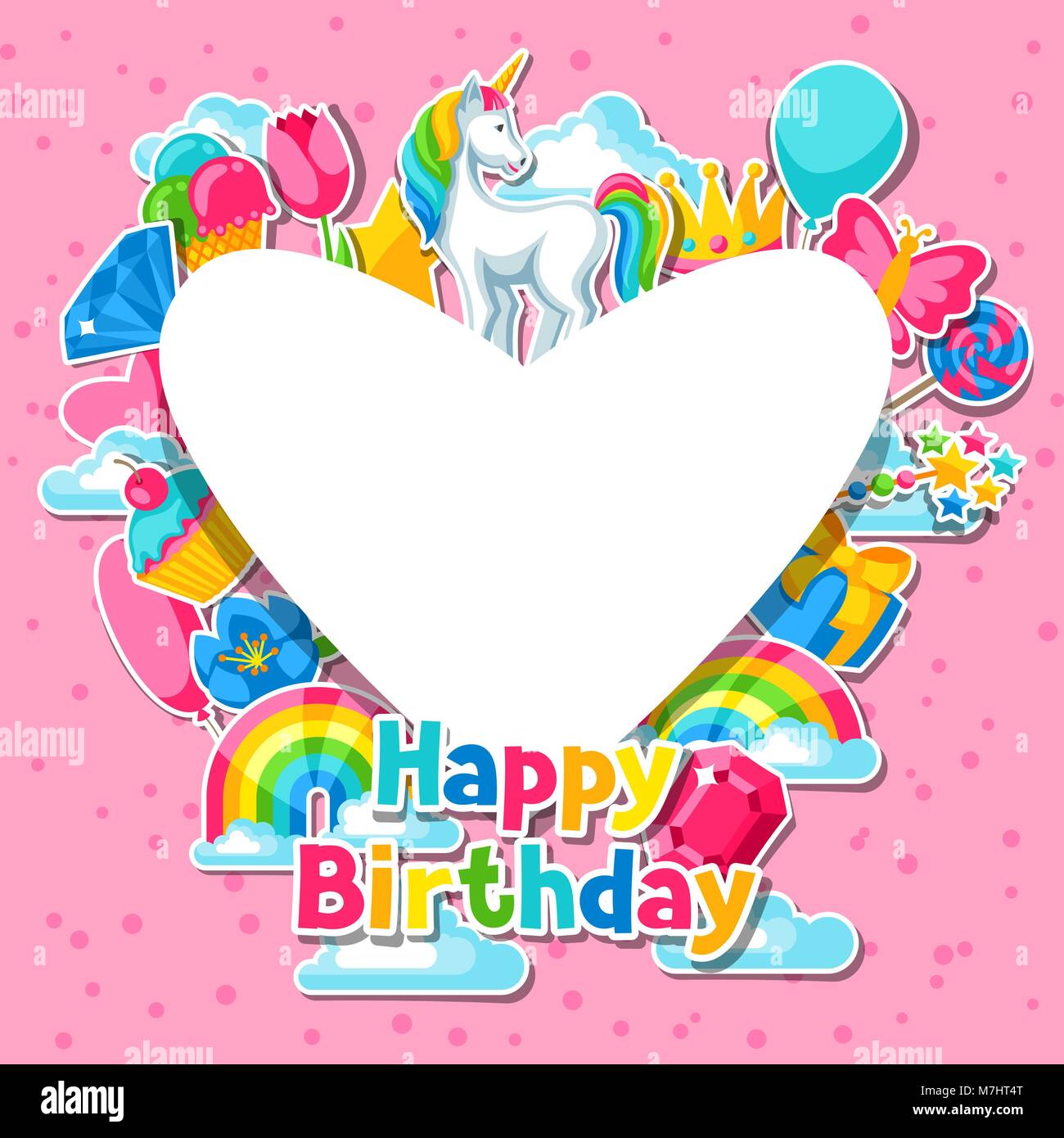 Joyeux anniversaire. Avec carte et points fantaisie unicorn Illustration de Vecteur