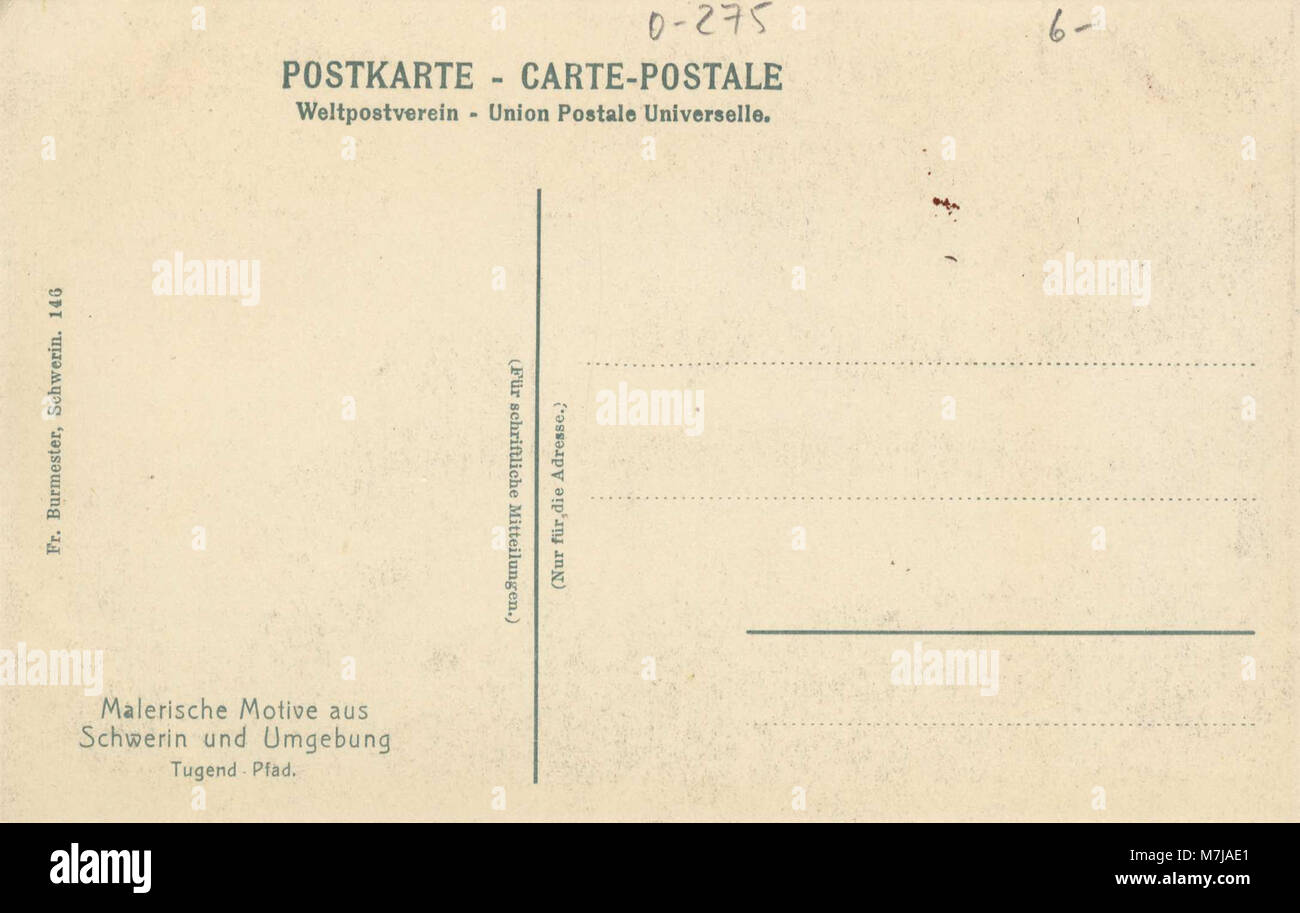 Schwerin, situé dans le Mecklembourg-Poméranie occidentale, est représenté sur une carte postale historique, représentant peut-être le Tugendpfad, un sentier de randonnée notable ou une zone dans la région. Banque D'Images