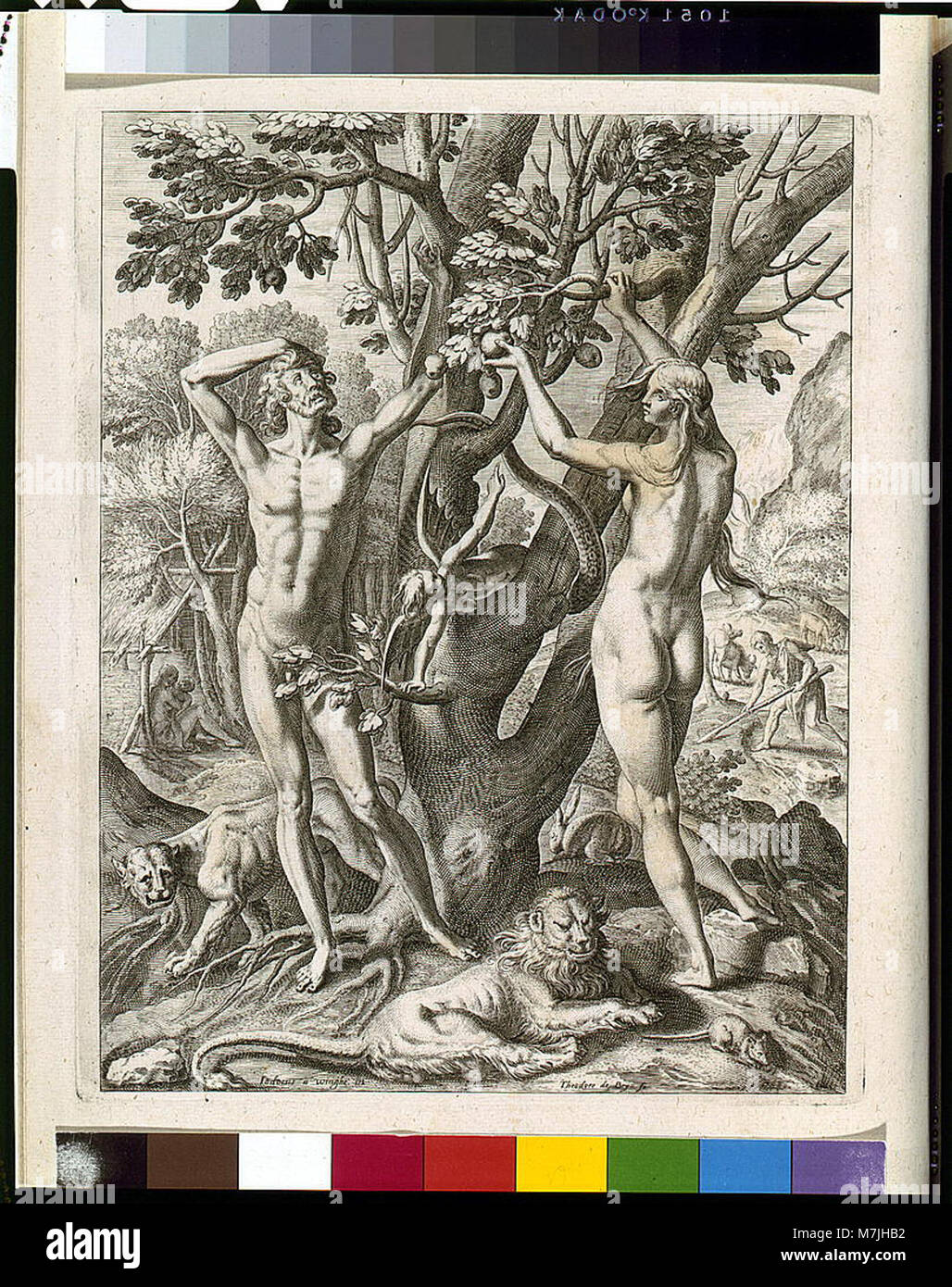 Cette œuvre artistique intitulée « Adam et Eve en Amérique » reflète une réinvention de l'histoire biblique dans le contexte de la culture et de l'histoire américaines. Il présente une interprétation unique du mythe de la création, identifié par LCCN2002712175. Banque D'Images