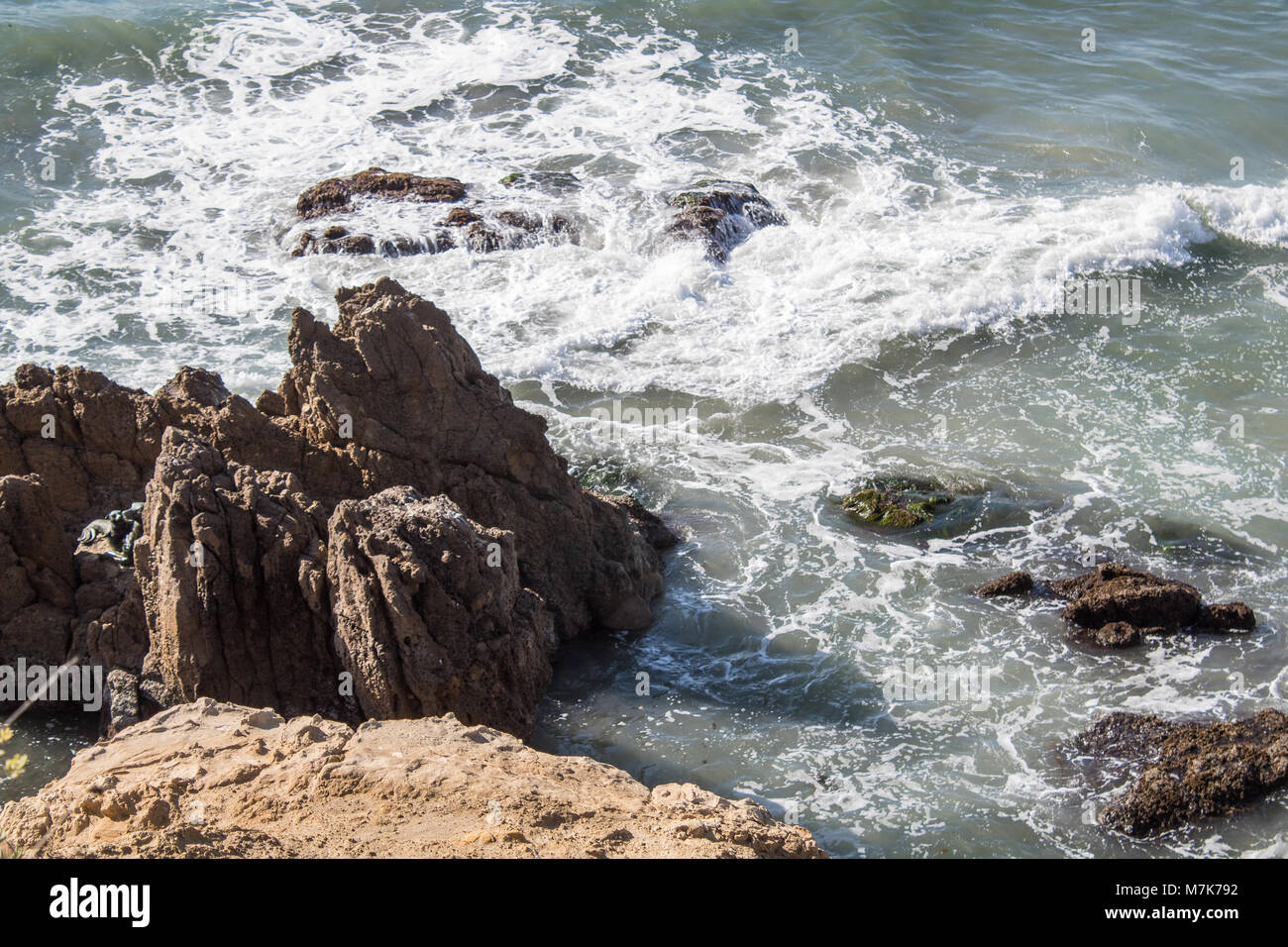 De gros rochers dans l'océan avec les lions de mer Banque D'Images