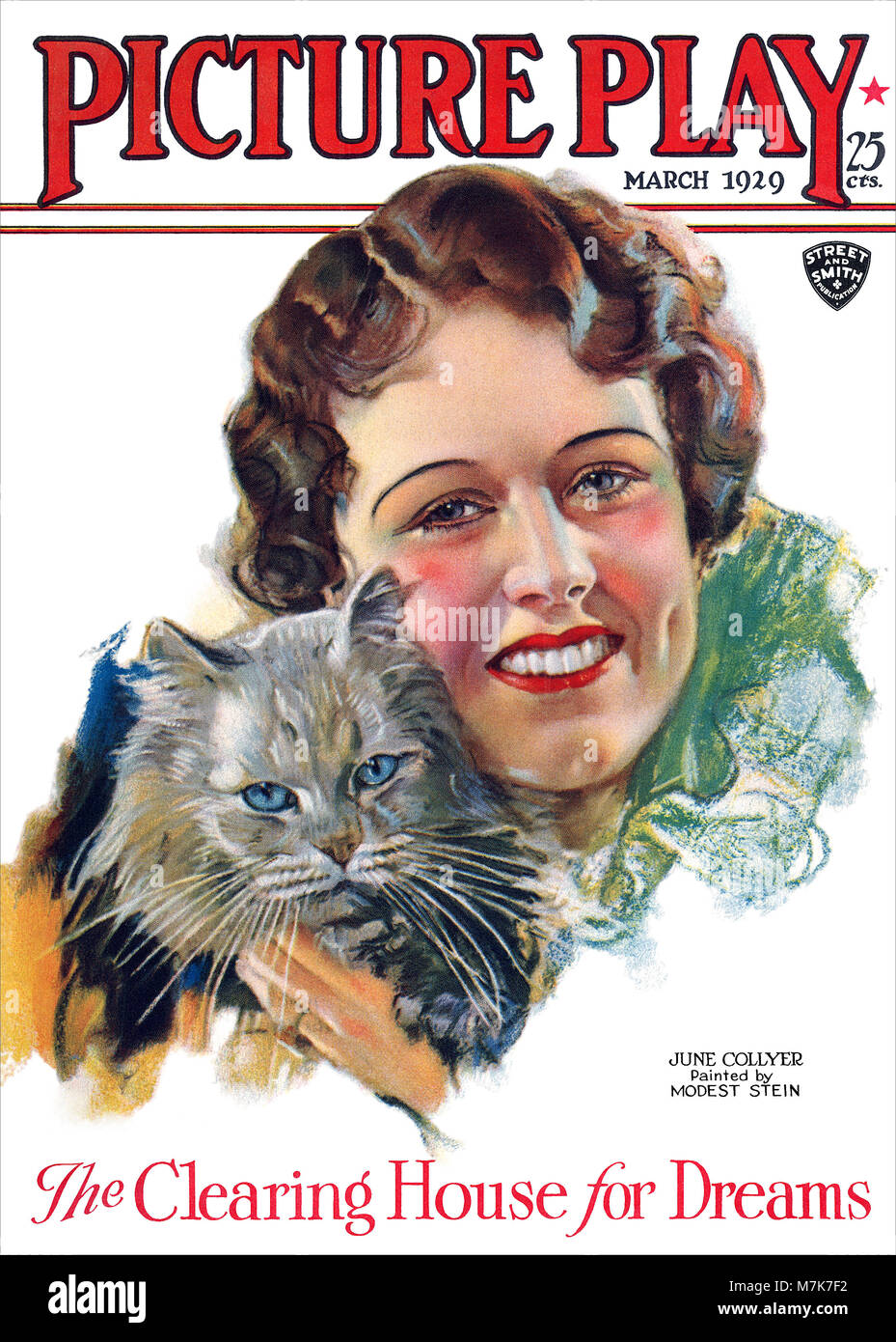 Couverture du magazine film vintage photo jouer pour mars 1929, avec une illustration de l'actrice June Collyer modeste par Stein. Banque D'Images