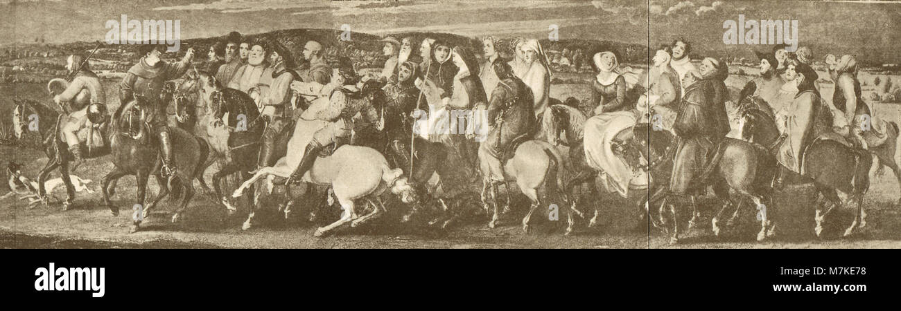 Illustration des Contes de Canterbury, le pèlerinage à Canterbury, pèlerins en route vers le sanctuaire de Saint Thomas Becket dans la Cathédrale de Canterbury Banque D'Images