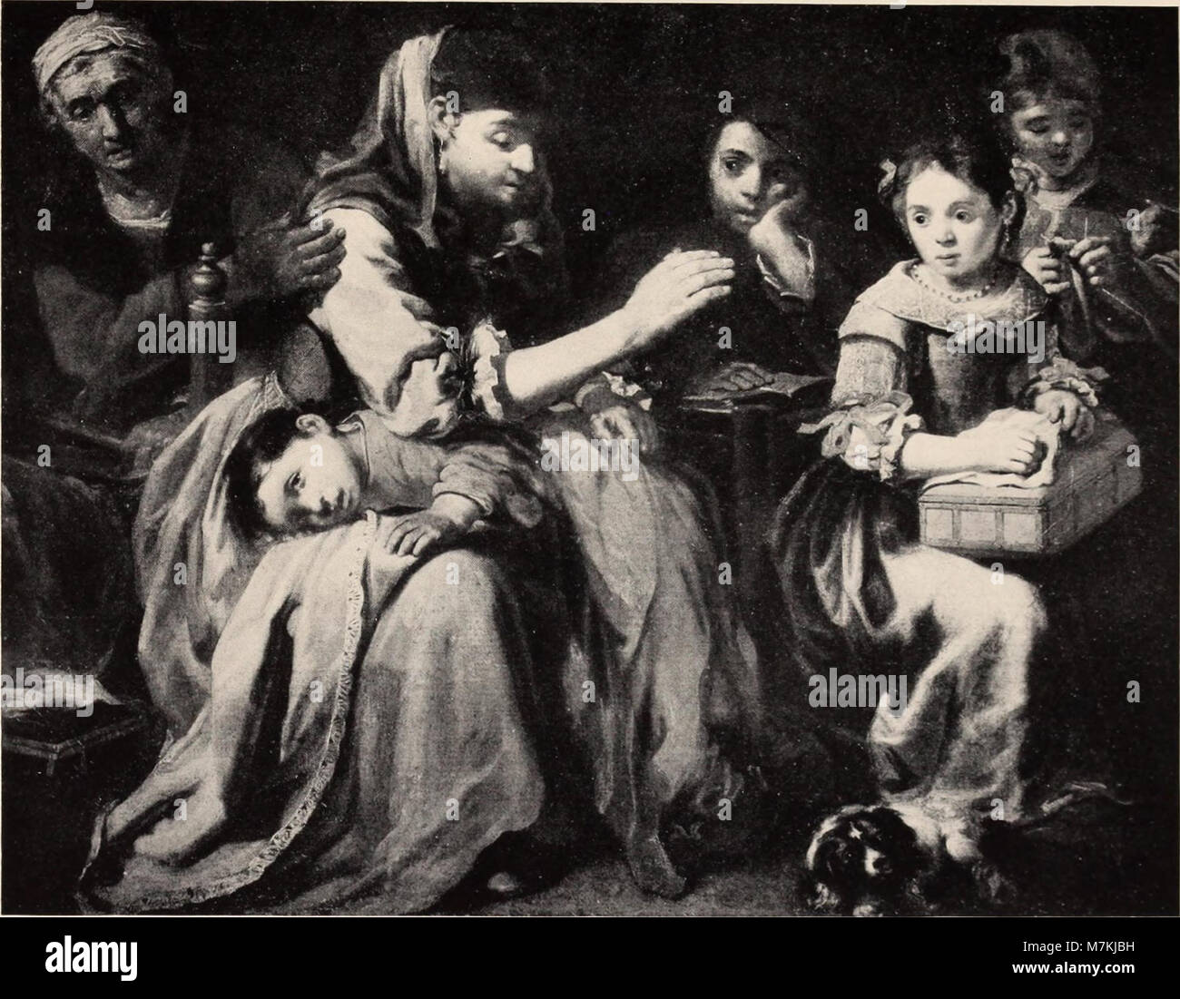 Cette peinture, attribuée à Diego Velázquez, représente une scène de classe avec un enseignant supervisant les enfants dans leurs tâches, reflétant la peinture de genre espagnole du début du XVIIe siècle. Banque D'Images