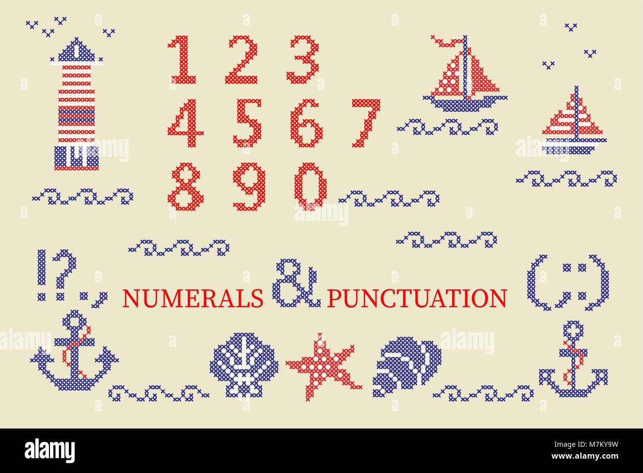 Alphabets au Point croix typeface poster. Bonne idée pour les vacances d'été, le jour de l'indépendance memorial, affiches, design textile. Illustration de Vecteur