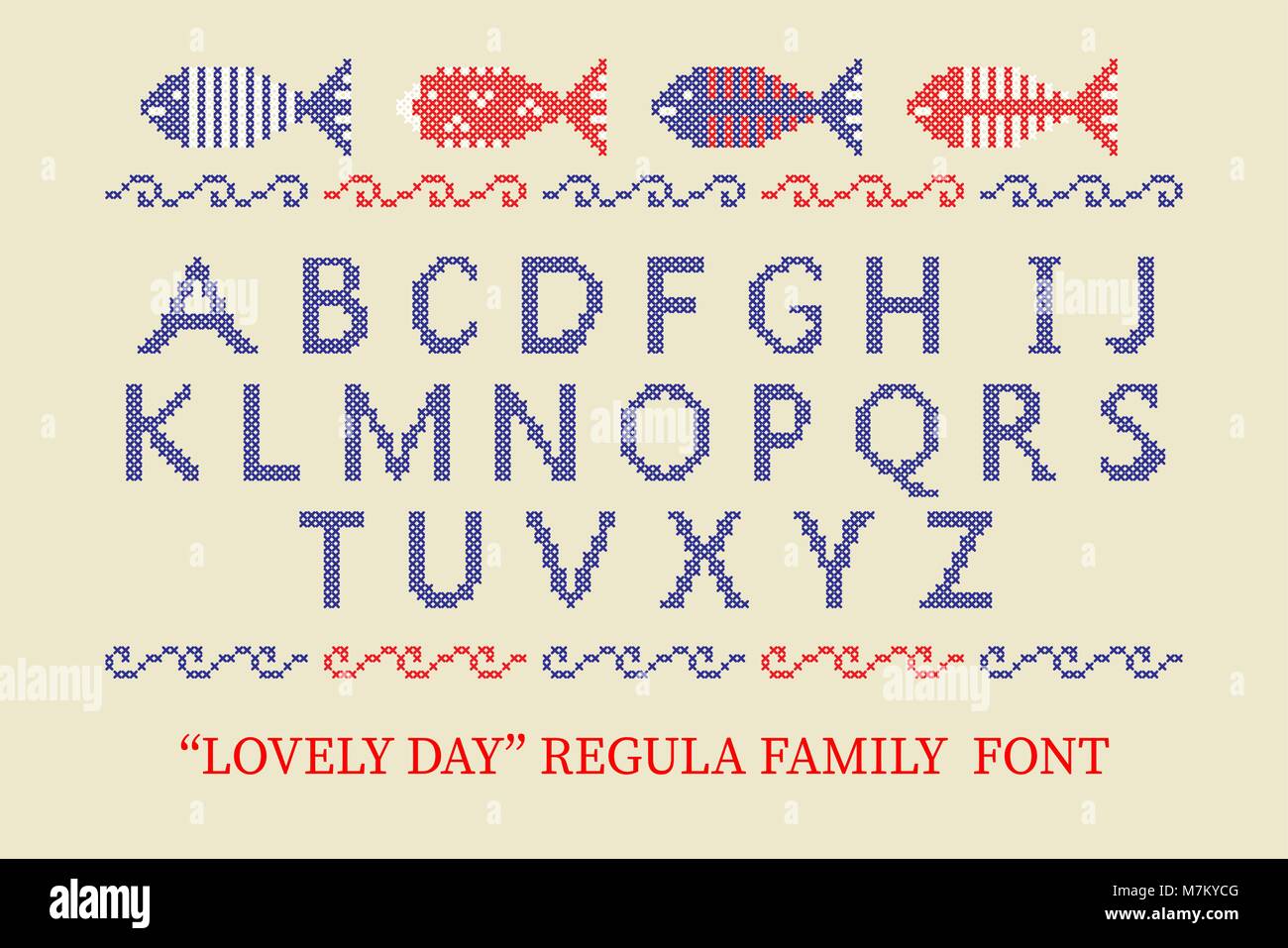Alphabets au Point croix typeface poster. Bonne idée pour les vacances d'été, le jour de l'indépendance memorial, affiches, design textile. Illustration de Vecteur