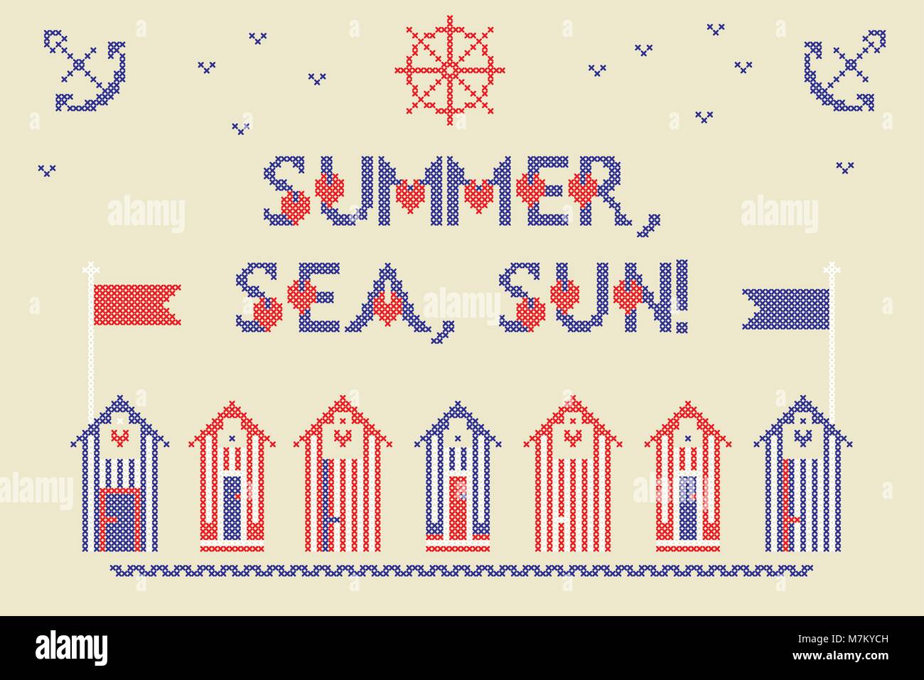 Alphabets au Point croix typeface poster. Bonne idée pour les vacances d'été, le jour de l'indépendance memorial, affiches, design textile. Illustration de Vecteur