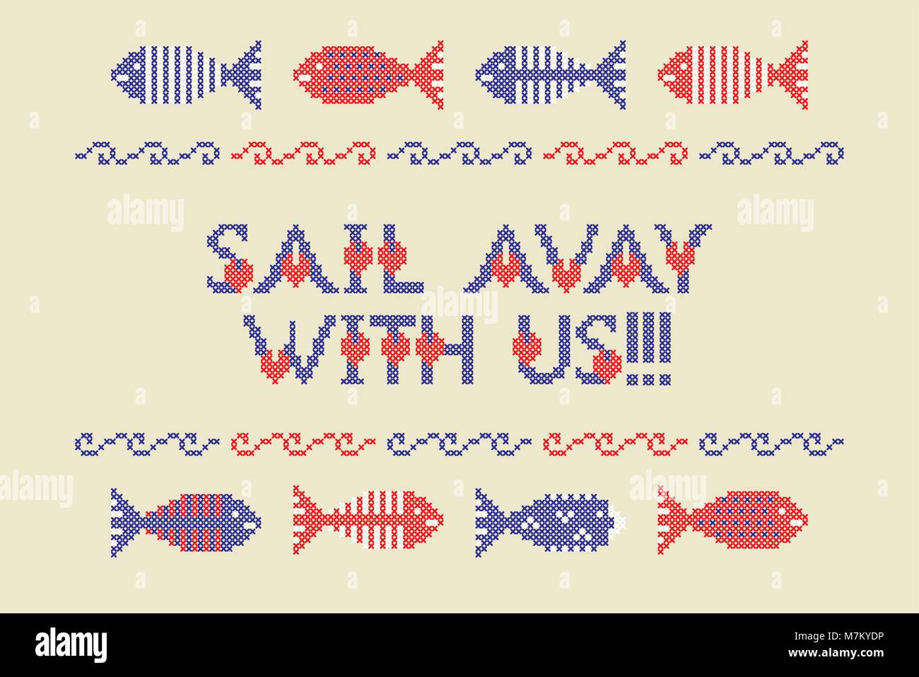 Alphabets au Point croix typeface poster. Bonne idée pour les vacances d'été, le jour de l'indépendance memorial, affiches, design textile. Illustration de Vecteur