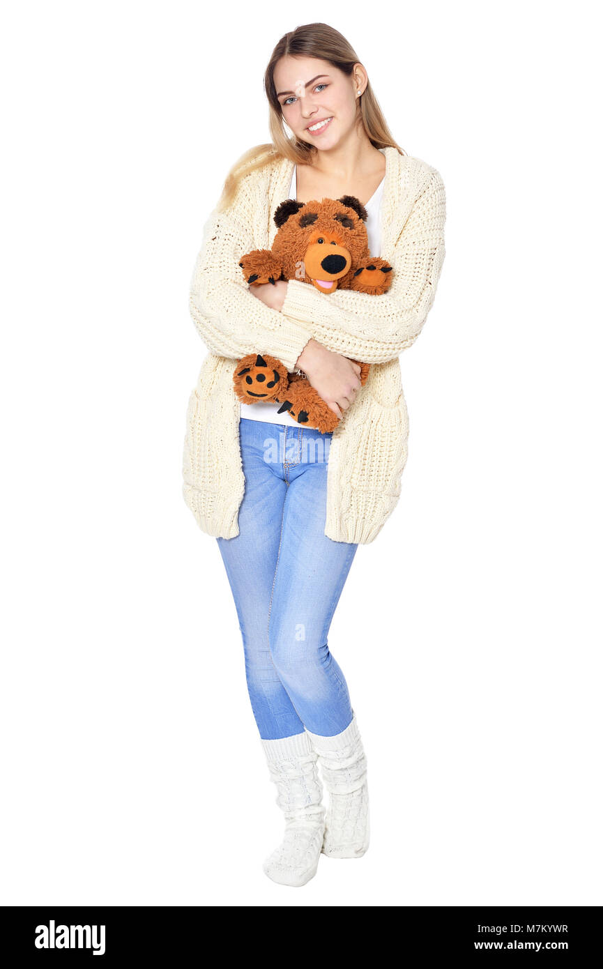 Beautiful woman posing with teddy bear Banque D'Images