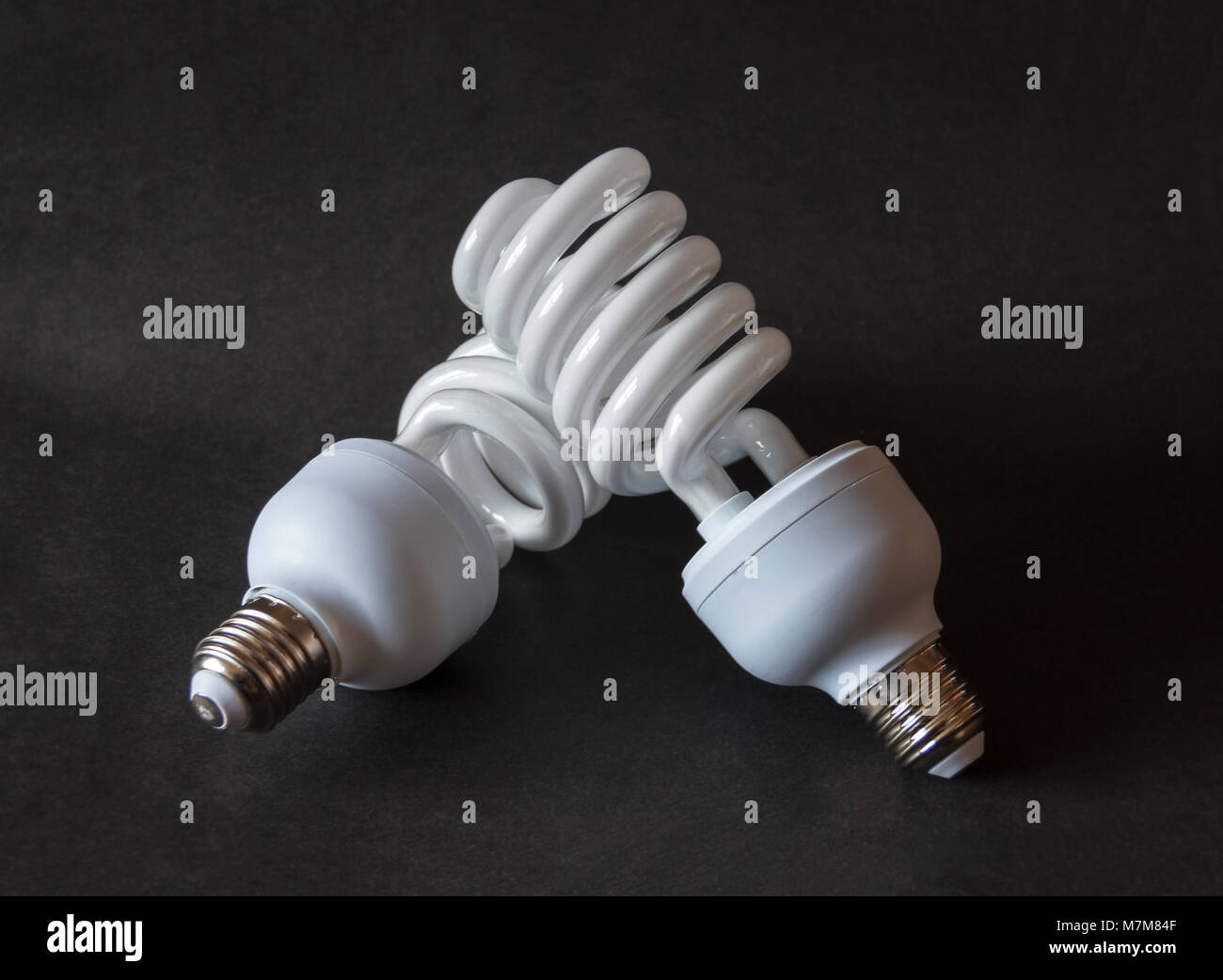 Efficacité énergétique deux fluorescent haute puissance ampoules photographiques sur fond noir Banque D'Images