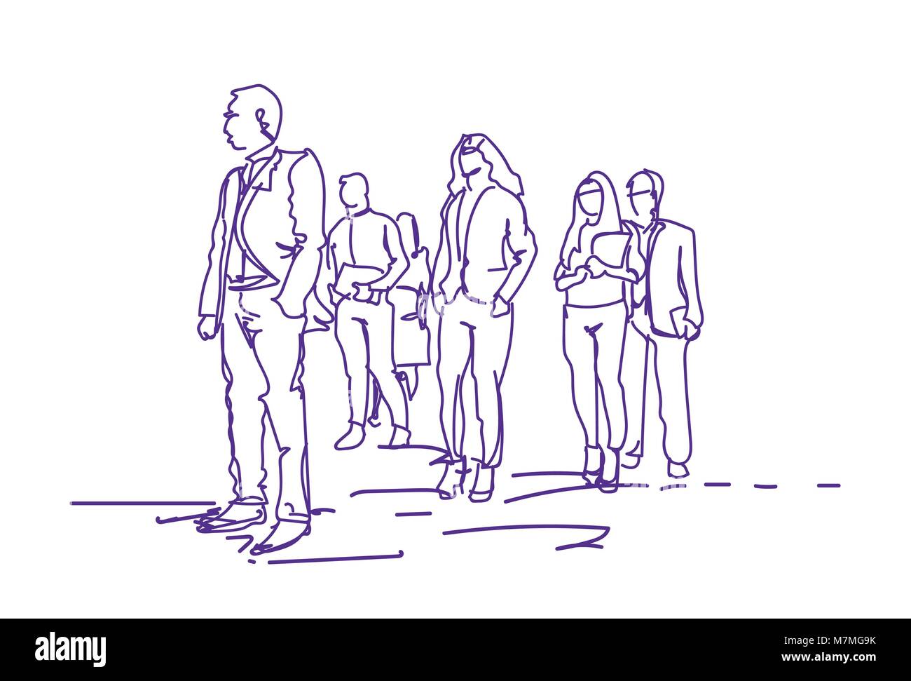 Groupe de gens d'affaires de la marche, l'équipe Affaires Doodle d'employés de bureau sur fond blanc Illustration de Vecteur