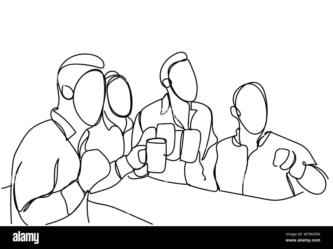 Groupe de gens qui buvaient de la bière Croquis Tenir Verres Doodle mâle en Pub ou Bar Toasting partie ou célébration Illustration de Vecteur