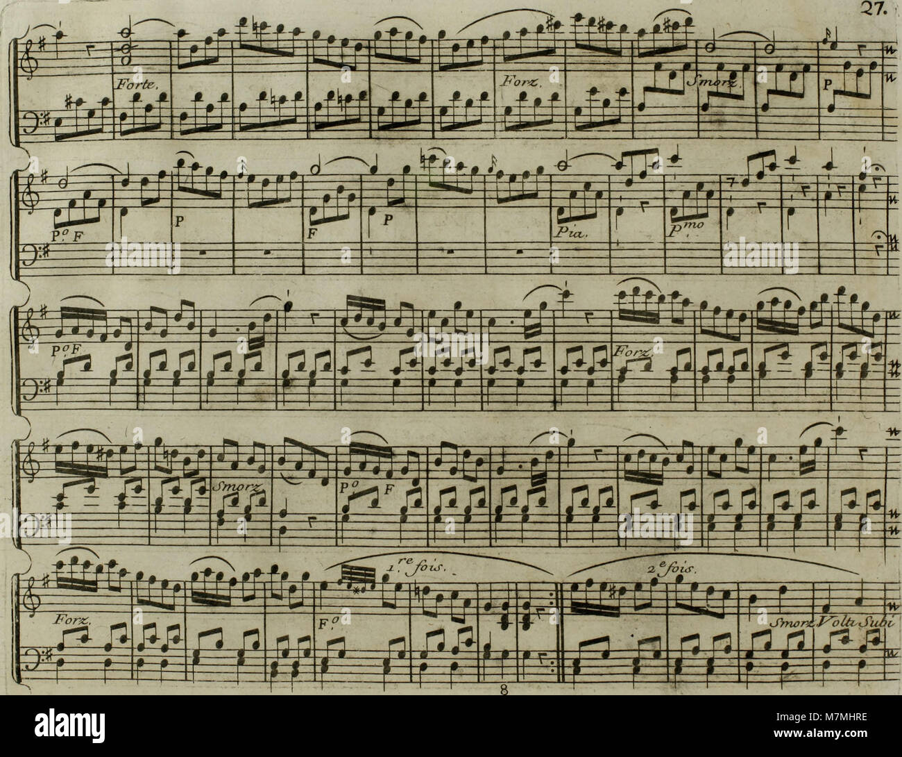 Un arrangement musical de 1795 intitulé « Andante du célèbre Haydn », adapté à la harpe avec accompagnement de violon en option, représentant la pratique de la musique classique du XVIIIe siècle. Banque D'Images