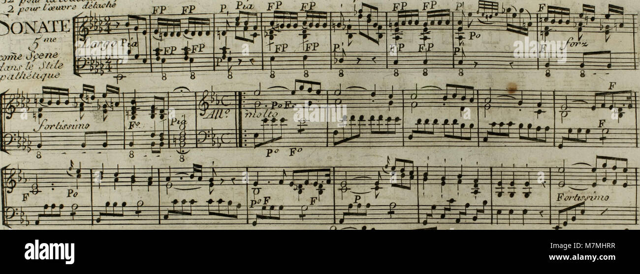 Une partition musicale de 'Andante' de Haydn, arrangée en 1795 pour harpe avec accompagnement de violon optionnel, reflétant des adaptations d'œuvres orchestrales pour des décors instrumentaux plus petits. Banque D'Images