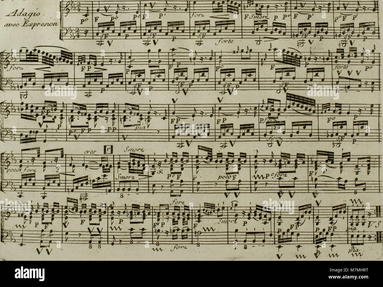Une adaptation de 1795 de Andante de Joseph Haydn de son concerto pour violoncelle, arrangée pour harpe avec accompagnement de violon optionnel, mettant en évidence les pratiques d'arrangement classiques du XVIIIe siècle. Banque D'Images