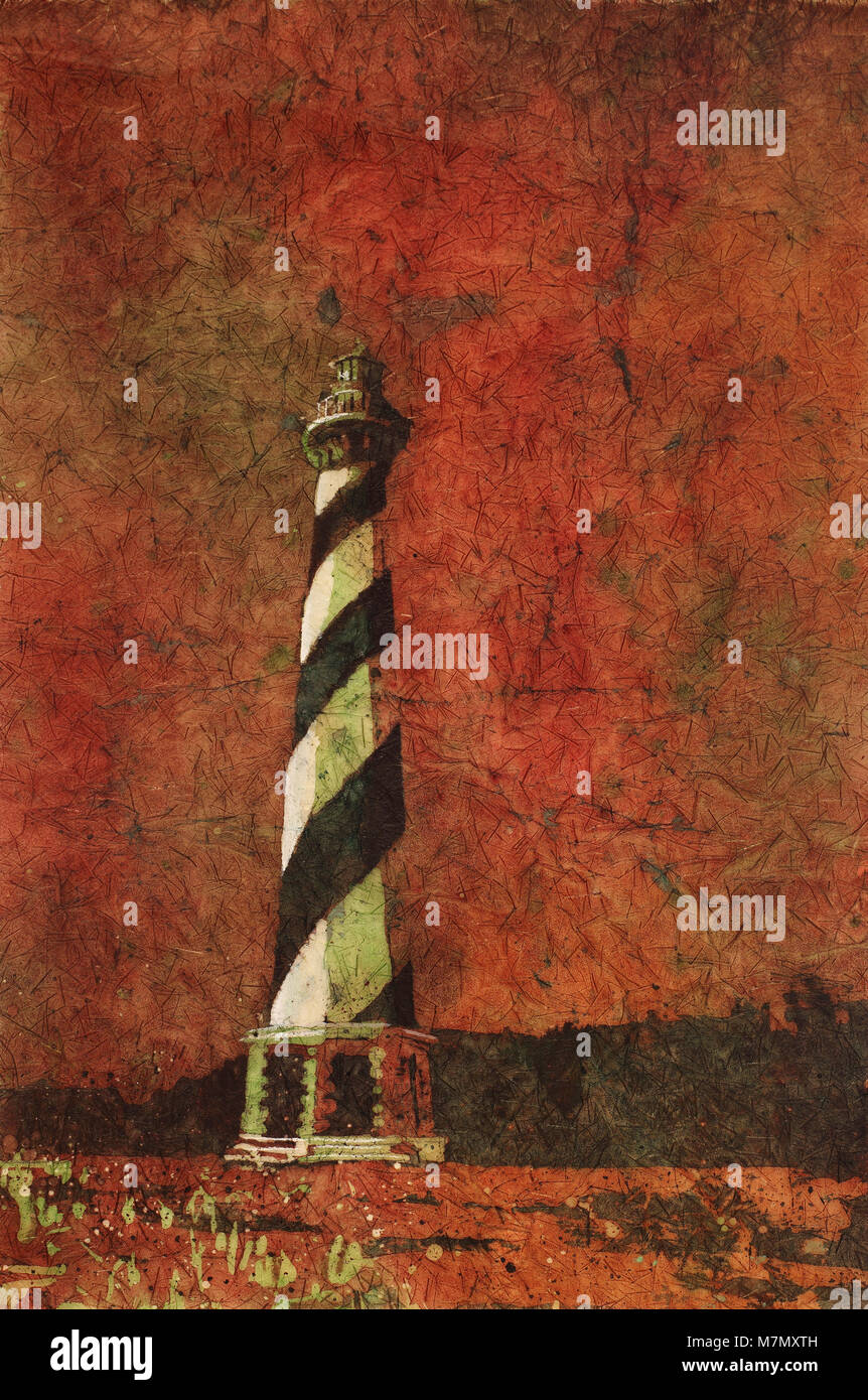 Fine art de l'aquarelle sur papier de riz de Cape Hatteras lighthouse- Outer Banks, Caroline du Nord. Lighthouse OBX de peinture. Aquarelle peinture batik Banque D'Images