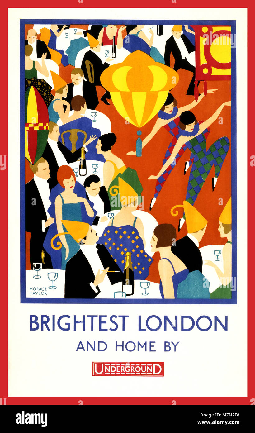 Vintage des années 1900, le métro de Londres les plus brillants de l'affiche "Londres et accueil par Underground' par artiste Horace Taylor 1924 Banque D'Images