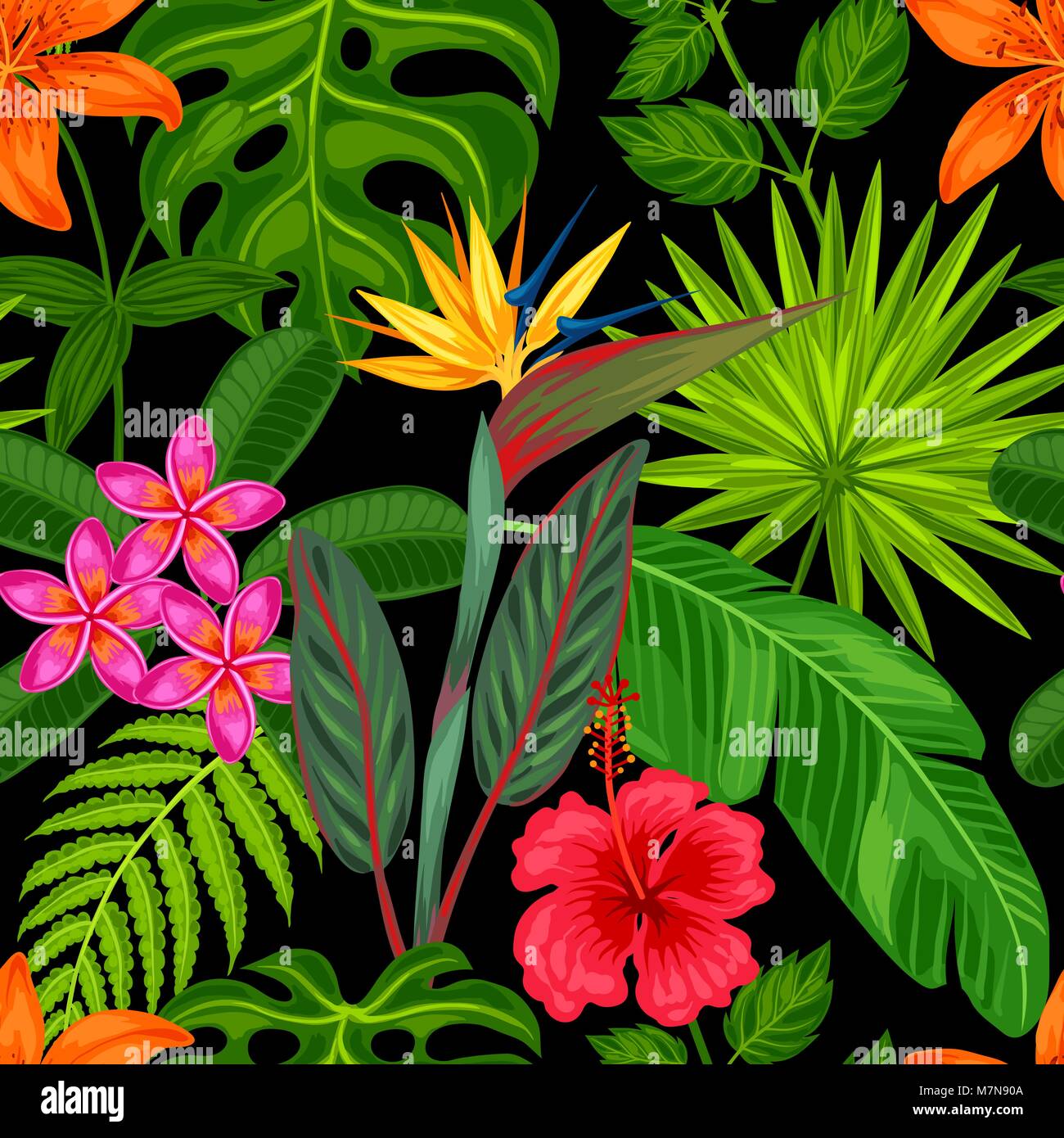 Modèle transparent avec des plantes tropicales, feuilles et fleurs. A l'arrière-plan sans masque de découpe. Facile d'utilisation pour toile de fond, du textile, du papier d'emballage Illustration de Vecteur