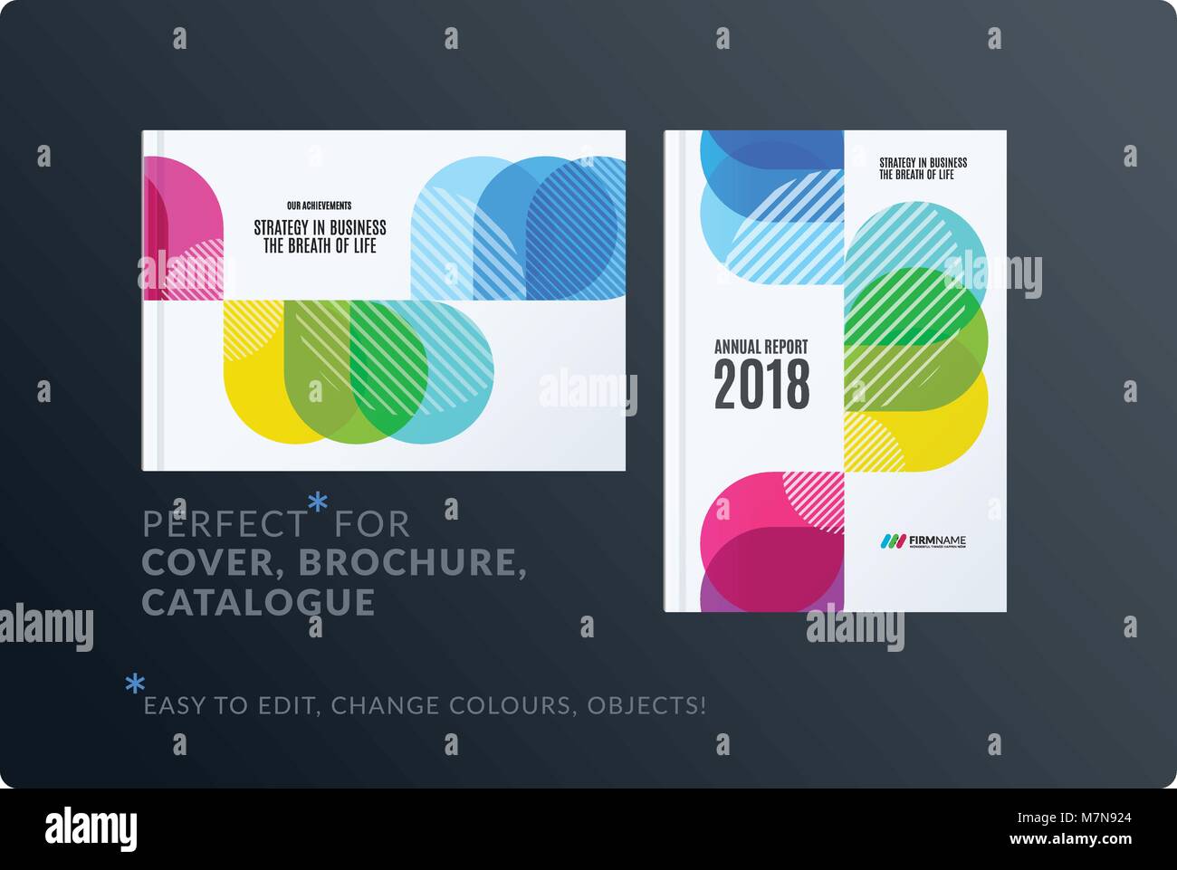 La conception créative de brochure situé, résumé, rapport annuel, mise en page couverture horizontale flyer en A4 avec coloré vecteur forme arrondie de l'écologie, de l'brandin Illustration de Vecteur