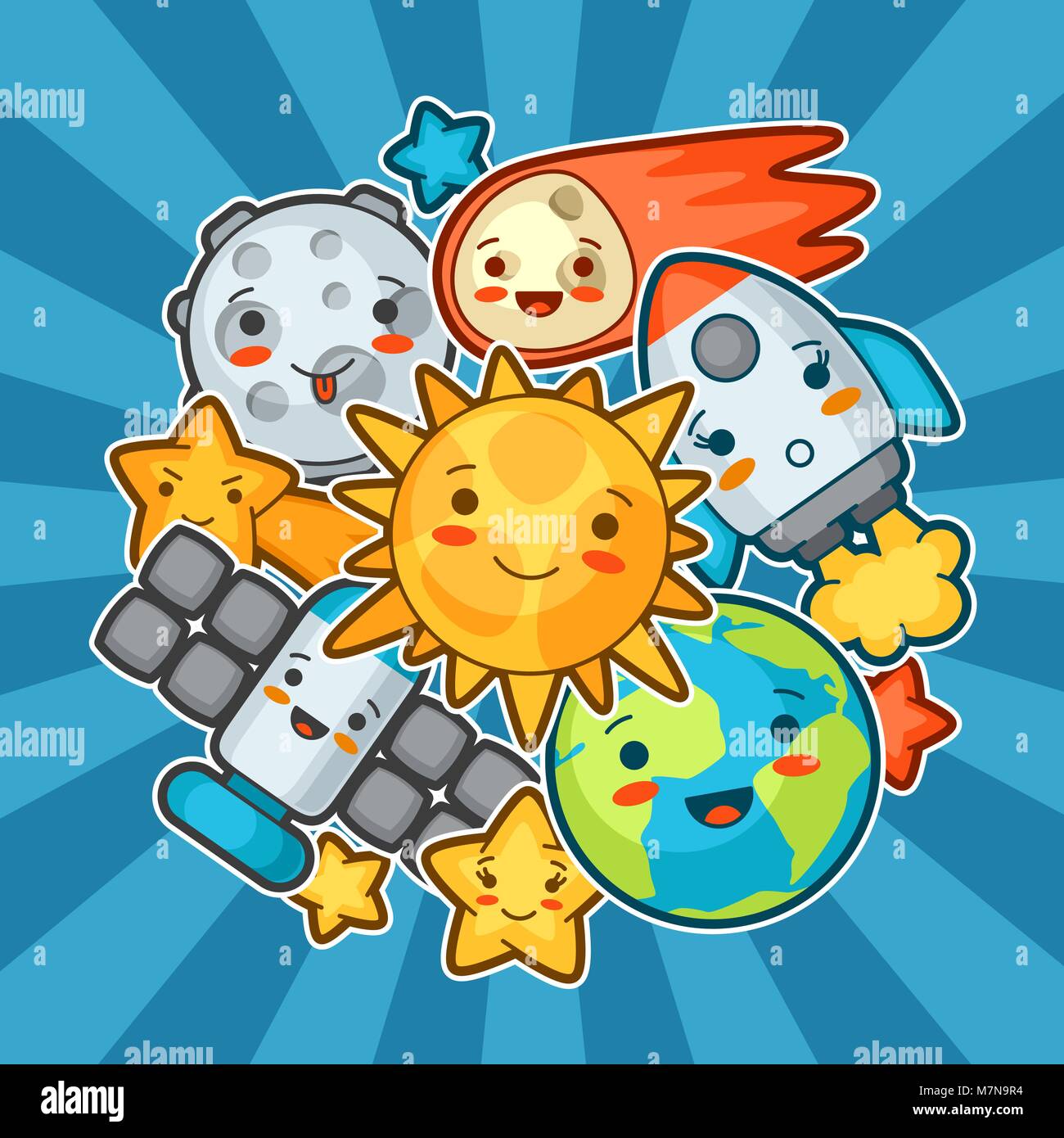 Carte de l'espace kawaii. Doodles avec assez de l'expression du visage. Illustration de cartoon soleil, de la terre, de la lune, de roquettes et de corps célestes Illustration de Vecteur