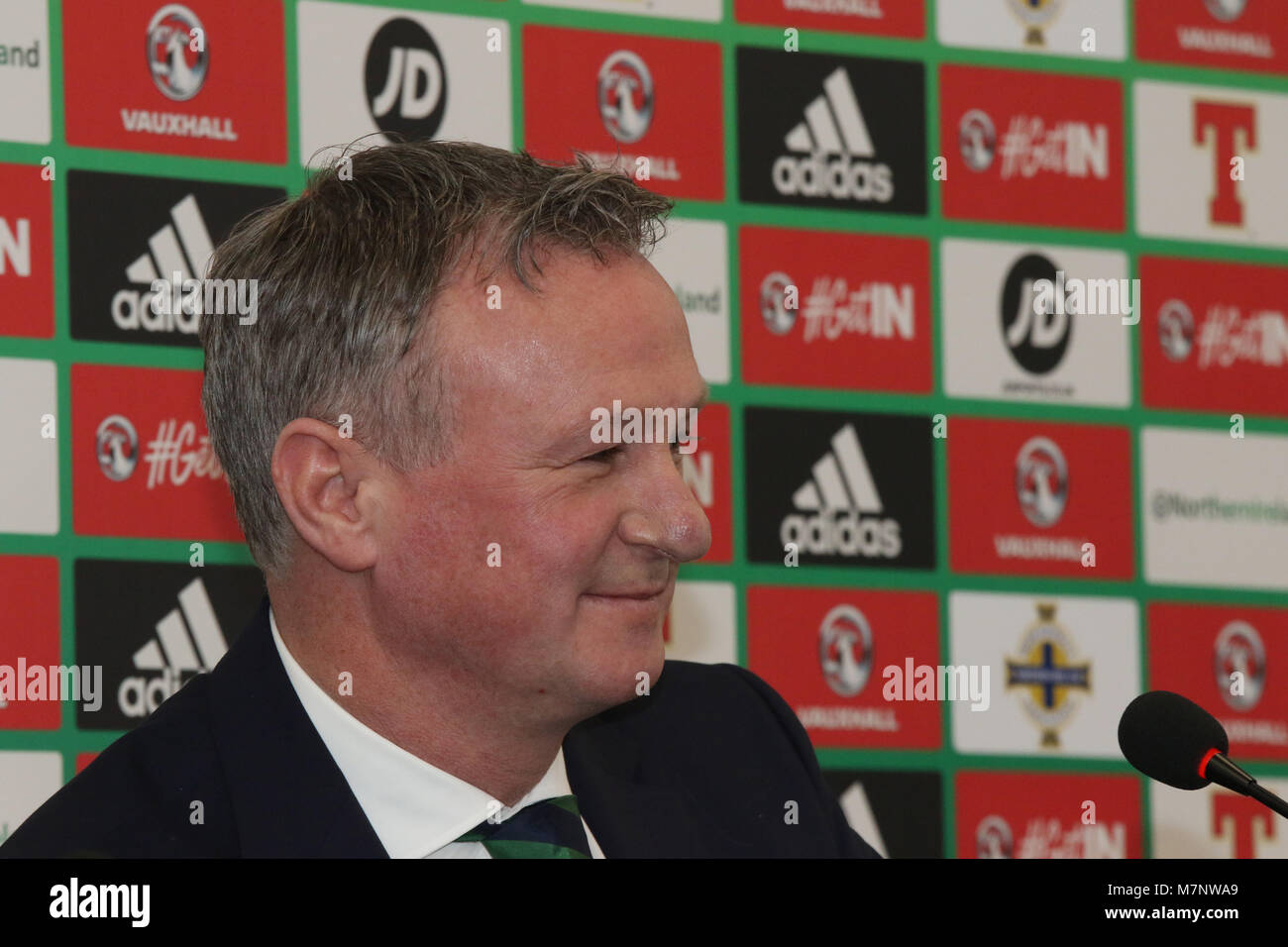 Windsor Park, Belfast, Irlande du Nord, Royaume-Uni. 12 mars 2018. L'Irlande du manager Michael O'Neill a annoncé aujourd'hui son équipe pour le prochain match amical contre la Corée du Sud à Belfast le samedi 24 mars 2018. Crédit : David Hunter/ Alamy Live News. Banque D'Images