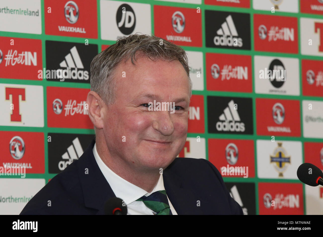 Windsor Park, Belfast, Irlande du Nord, Royaume-Uni. 12 mars 2018. L'Irlande du manager Michael O'Neill a annoncé aujourd'hui son équipe pour le prochain match amical contre la Corée du Sud à Belfast le samedi 24 mars 2018. Crédit : David Hunter/ Alamy Live News. Banque D'Images