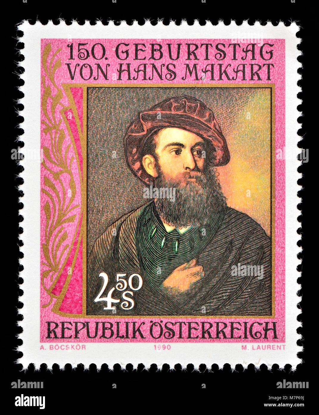 Timbre autrichien (1990) : Hans Makart (1840 - 1884), peintre de la marine, designer, décorateur et ; influence importante sur Gustav Klimt Banque D'Images