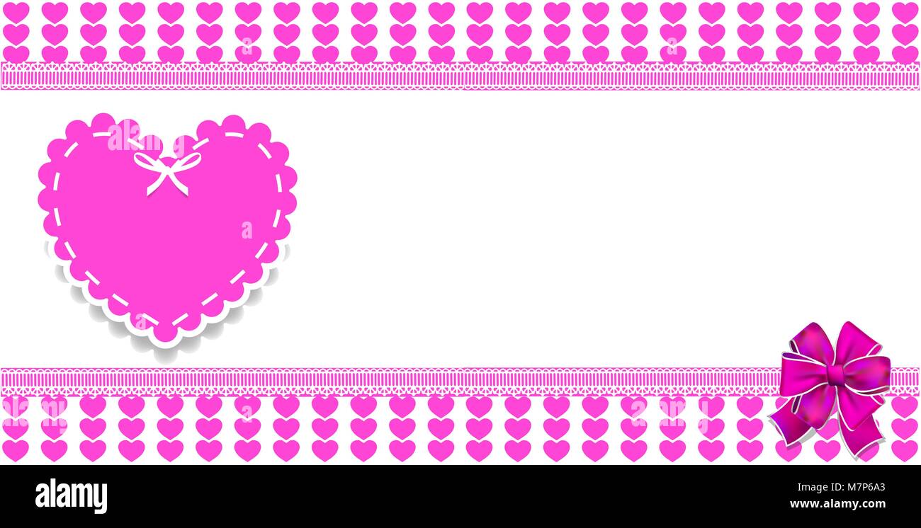 Cute modèle avec motif coeurs roses, l'espace pour le texte et les gros autocollant coeur dentelle et bow. Frontière vecteur, cadre, bannière, affiche pour la saint valentin festi Illustration de Vecteur