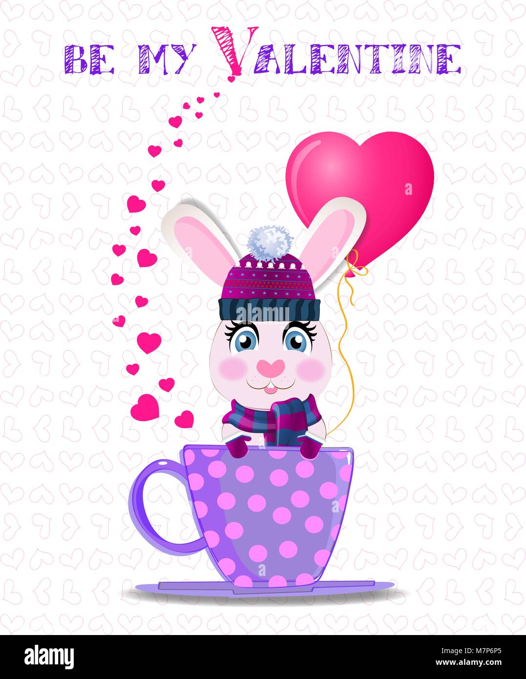 Be My Valentine card avec cute cartoon lapin en violet bonnet, écharpe en tricot et mitaines holding ballon coeur rose lilas, assis dans la tasse avec polka dot Illustration de Vecteur