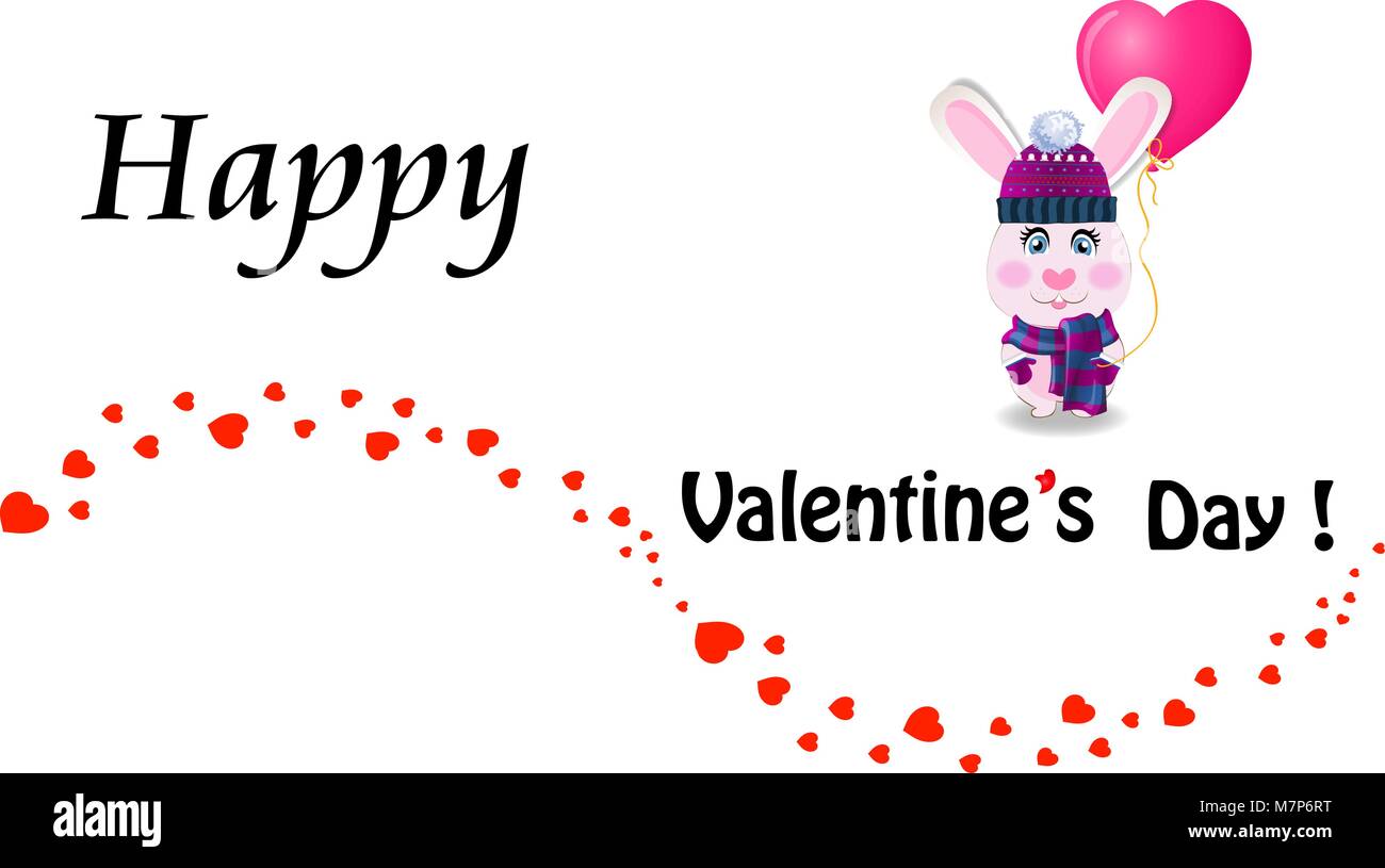 Carte de voeux de la Saint-Valentin avec cartoon en lapin tricoté violet hat holding heart shaped balloon rose et coeurs confetti frontière vague sur bac blanc Illustration de Vecteur
